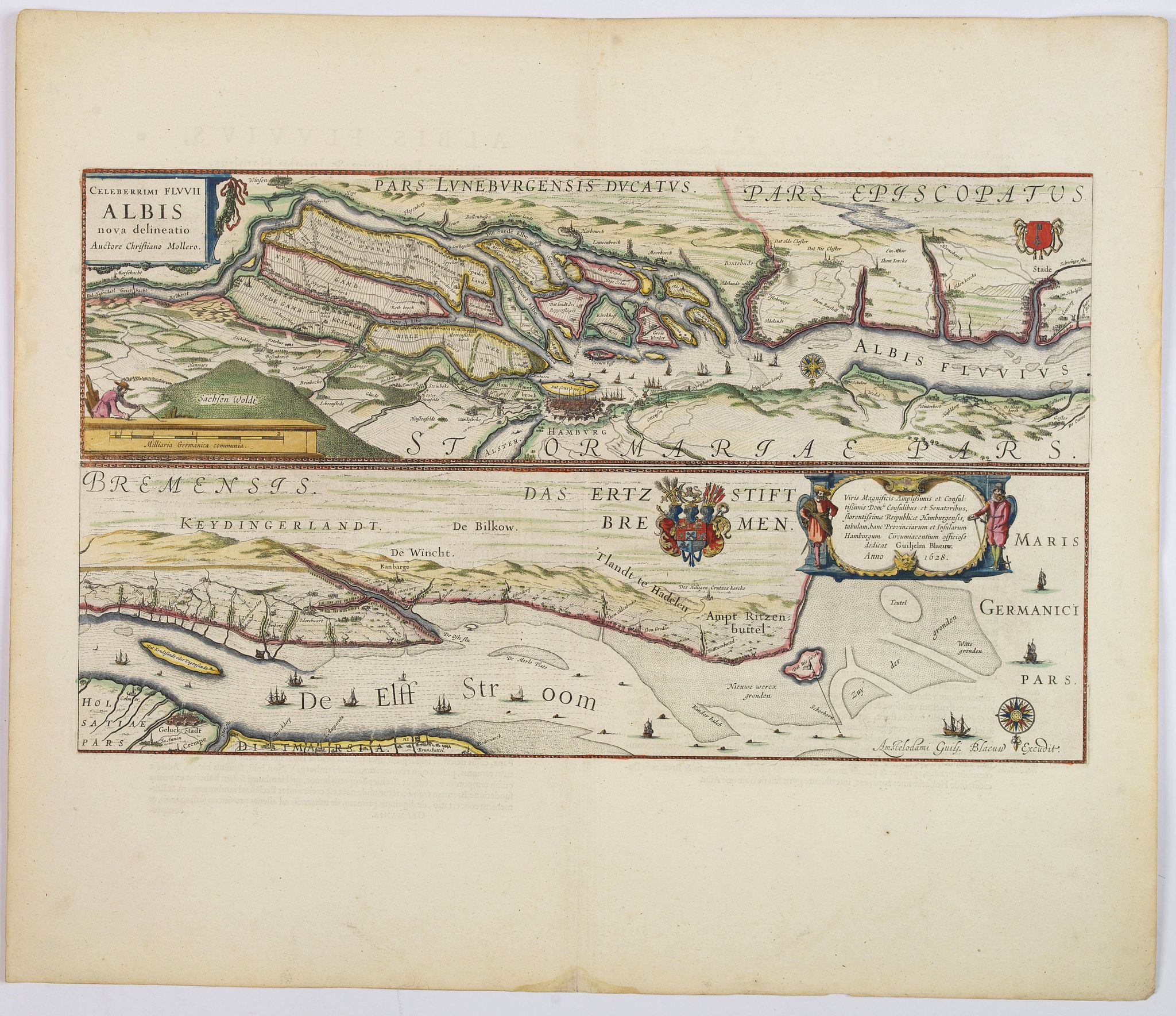 BLAEU, W., Celeberrimi Fluvii Albis nova delineatio., antique map, old maps