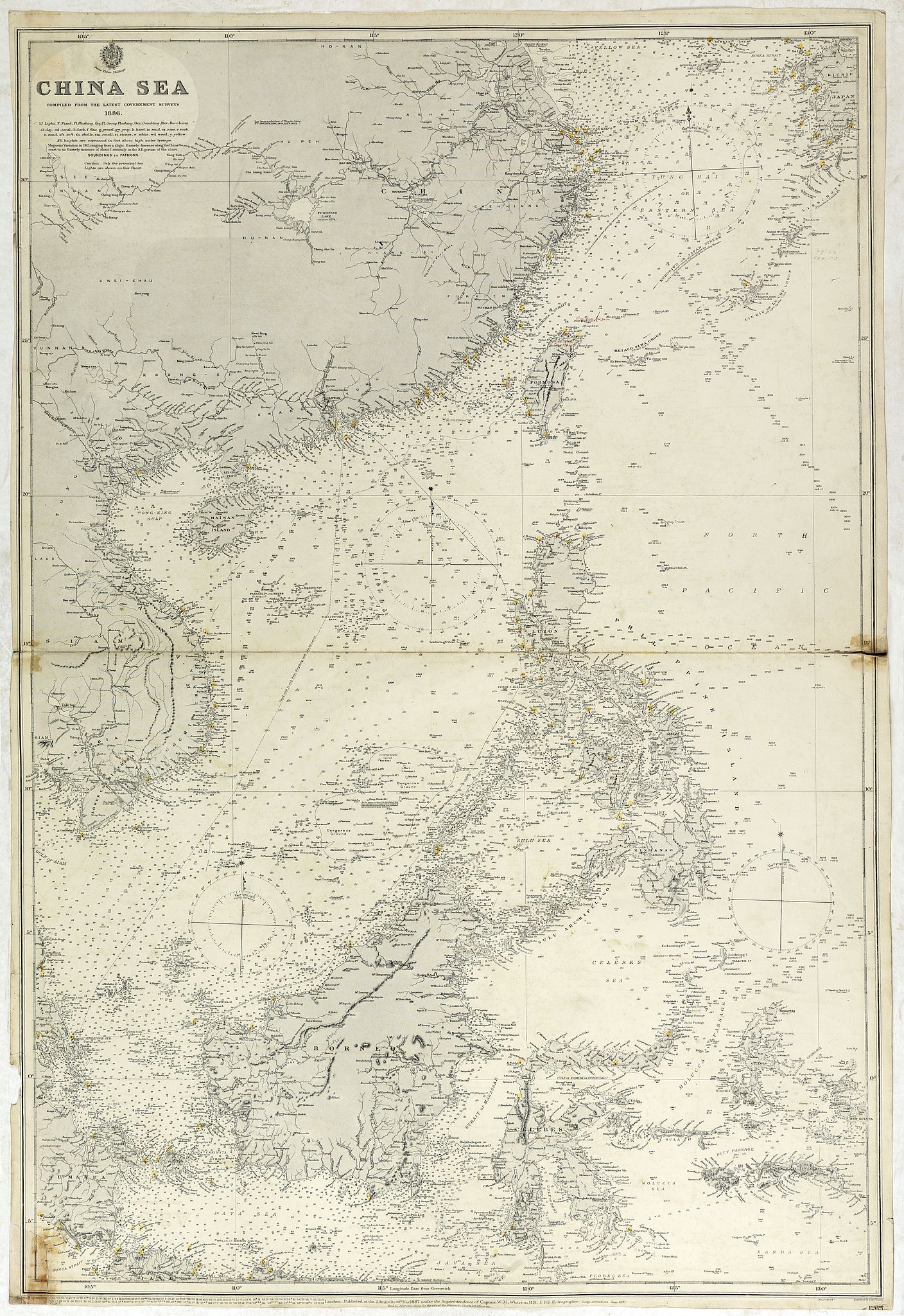 HYDROGRAPHIC OFFICE., China sea compiled from the latest government surveys 1886., antique map, old maps