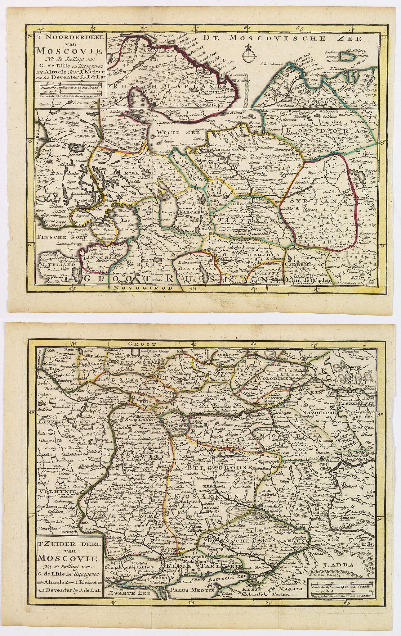 KEIZER, J. / DE LAT, J., (2 maps) 'T Noorderdeel van Moscovie / T Zuider-Deel van Moscovie., antique map, old maps