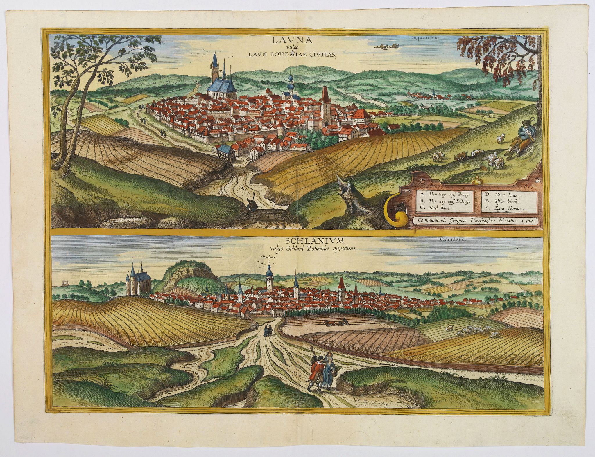BRAUN,G. / HOGENBERG, F., Launa vulgo Laun Bohemiae Civitas / Schlanium vulgo Schlani Bohemiae oppidum., antique map, old maps