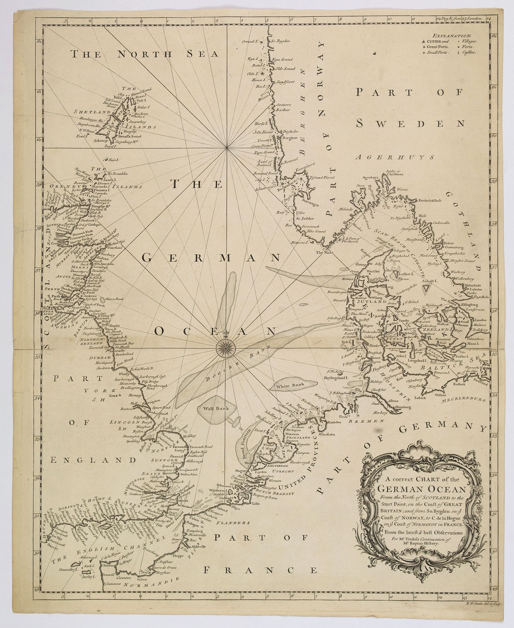 RAPIN de THOYRAS, Paul., A correct Chart of the German Ocean from the North of Scotland to the Start Point. . ., antique map, old maps
