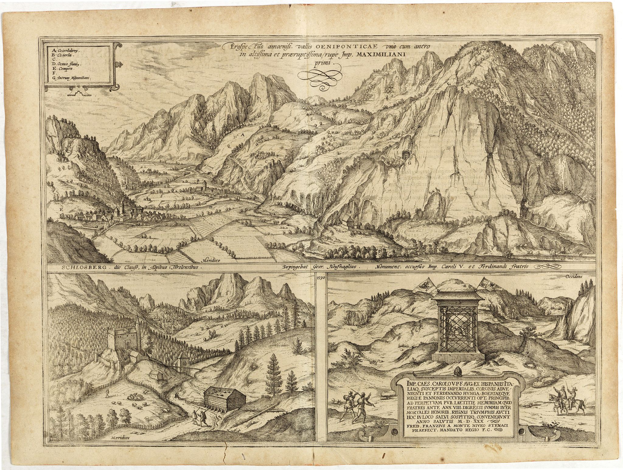 BRAUN, G. / HOGENBERG, F., Prospectus amoeniss. vallis Oeniponticae una cum antro in altissima et praeruptissima rupe Imp. Maximiliani primi . . ., antique map, old maps