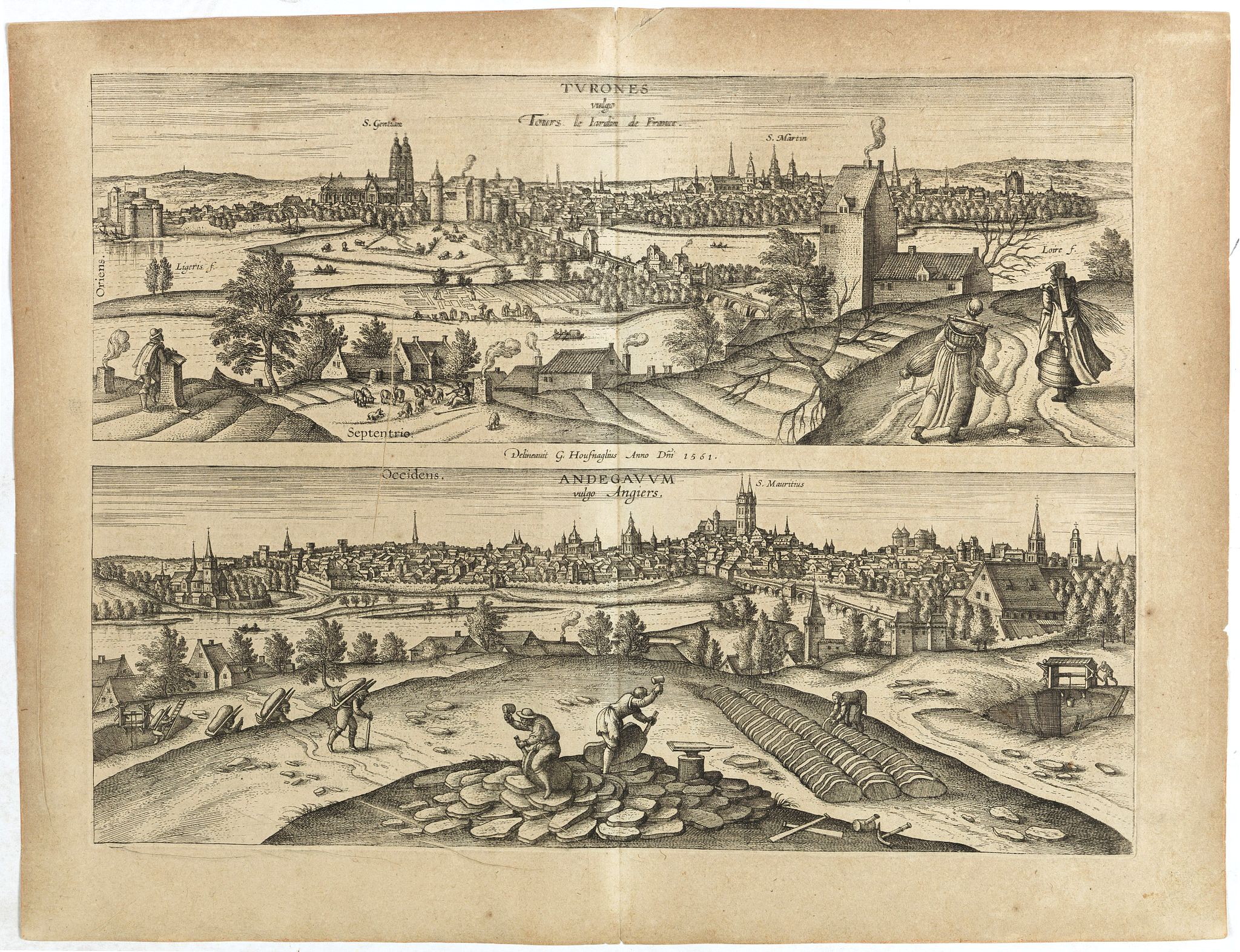 BRAUN, G. / HOGENBERG, F., Tvrones vulgo Yours le jardon de France / Andegavvm vulgo Angiers., antique map, old maps
