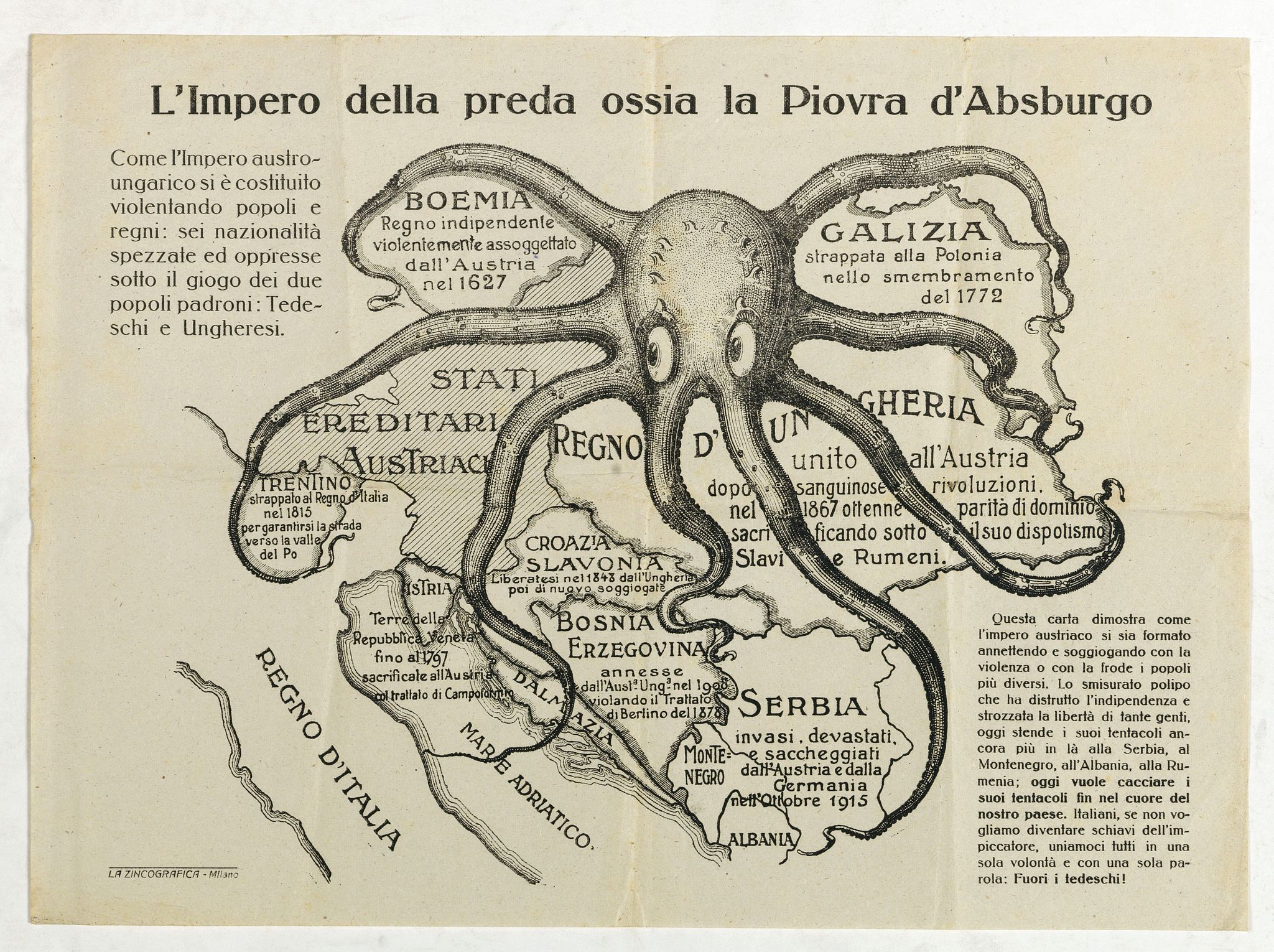LA ZINCOGRAFICA, L'Impero della preda ossia la Piovra d'Absburgo., antique map, old maps
