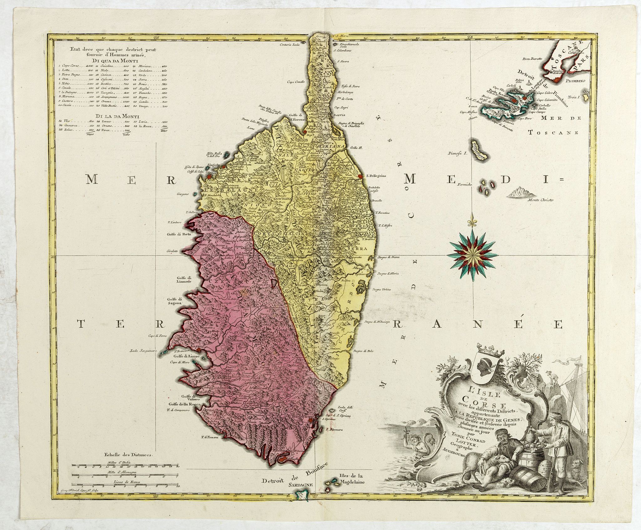 LOTTER, T., L'isle de Corse avec les différents districts, appartenante à la République de gênes . . ., antique map, old maps
