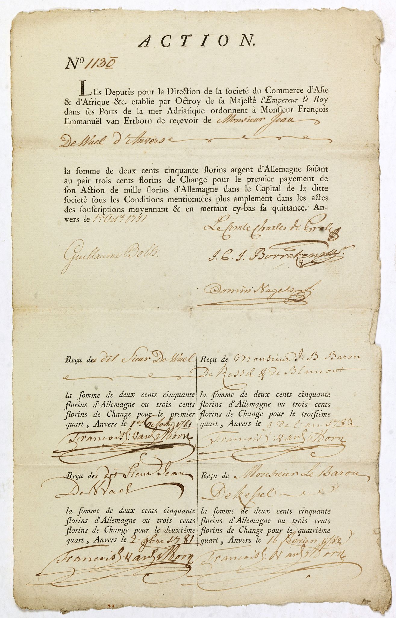 SHARE CERTIFICATE., ACTION N°1130. Société du Commerce d'Asie & d'Afrique., antique map, old maps