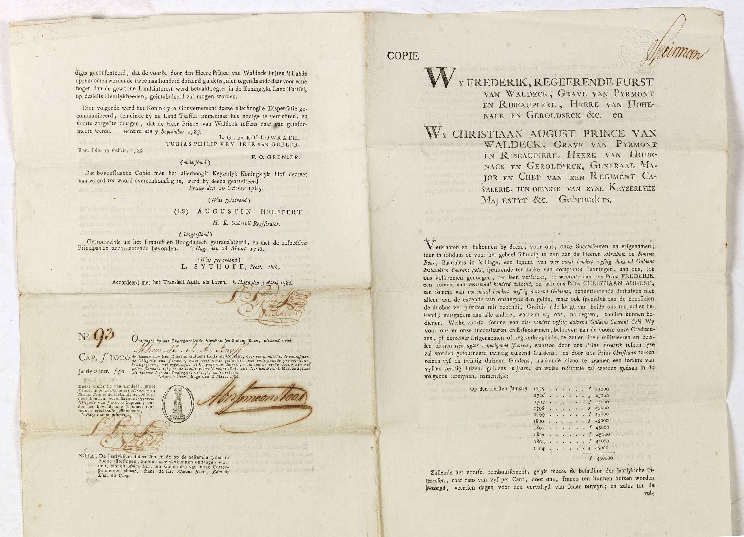 BOAS, A. / S., Bond and 8 coupons # 93 against a one year interest of 1000 Dutch Florins by Frederik ruler of Waldeck., antique map, old maps