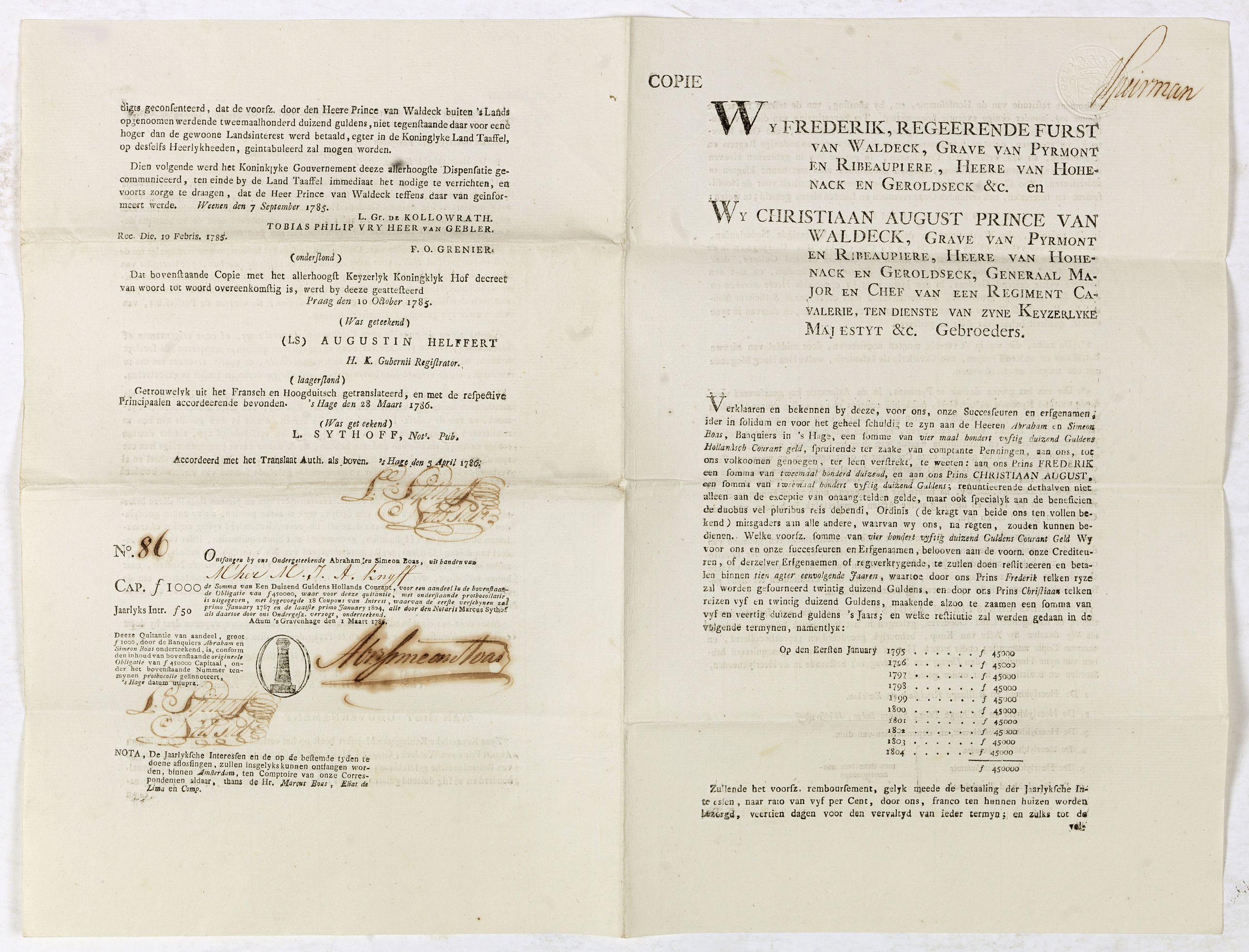 BOAS, A. / S., Bond # 86 against a one year interest of 1000 Dutch Florins by Frederik ruler of Waldeck., antique map, old maps