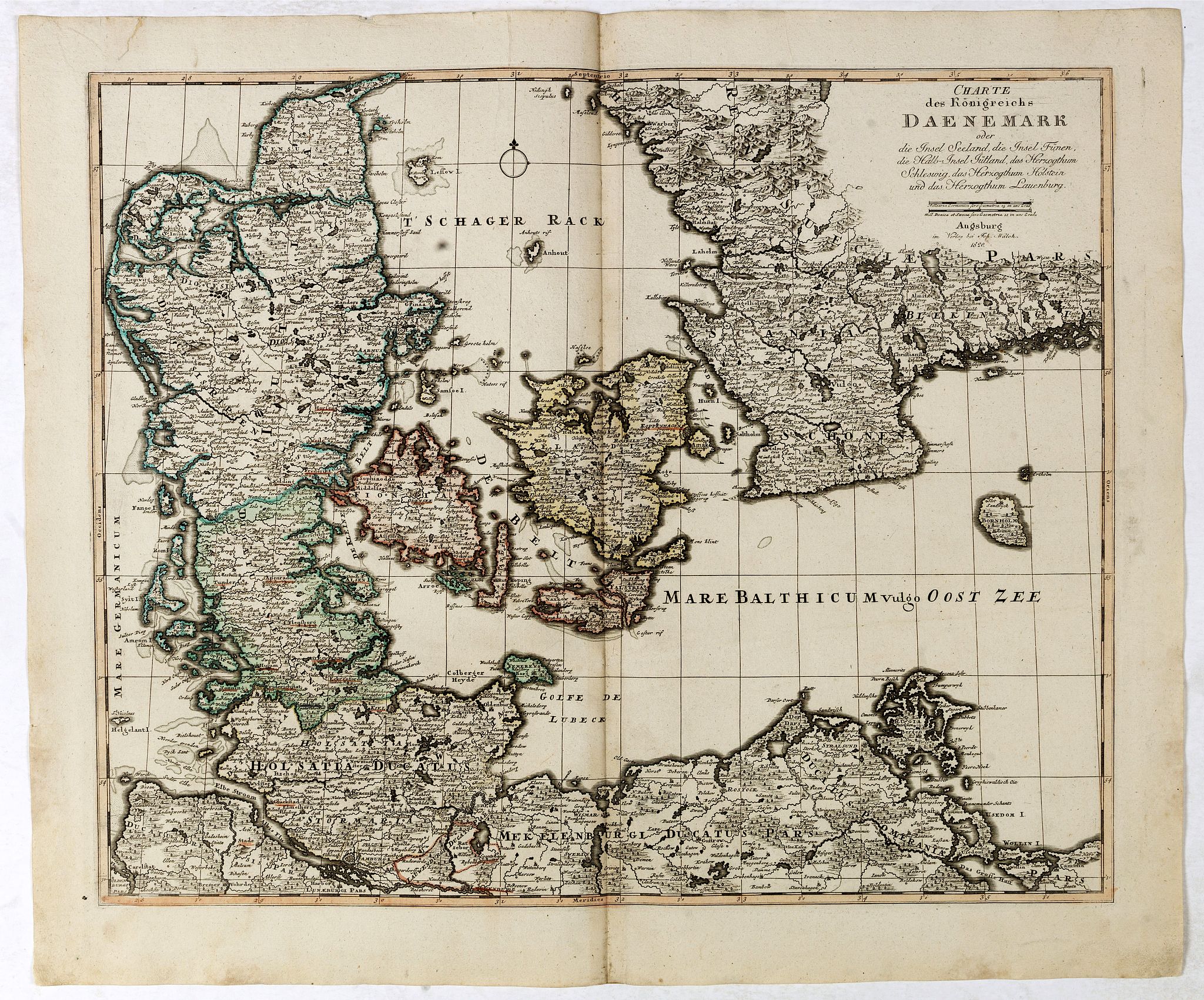 WALCH, J., Charte des Konigreichs Daenemark., antique map, old maps