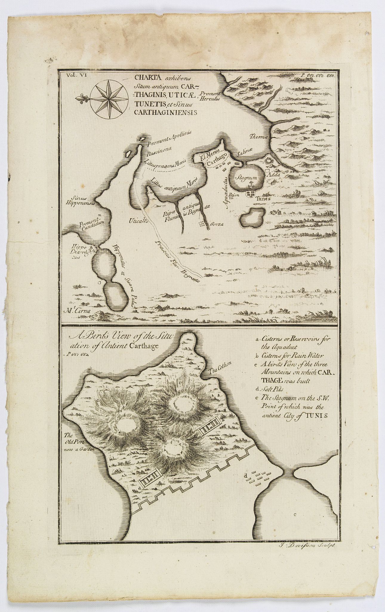 ANONYMOUS., Charta exhibens Situm antiquum Carthaginis, Uticae. . . / A Bird's View of the Situation of Antient Carthage., antique map, old maps