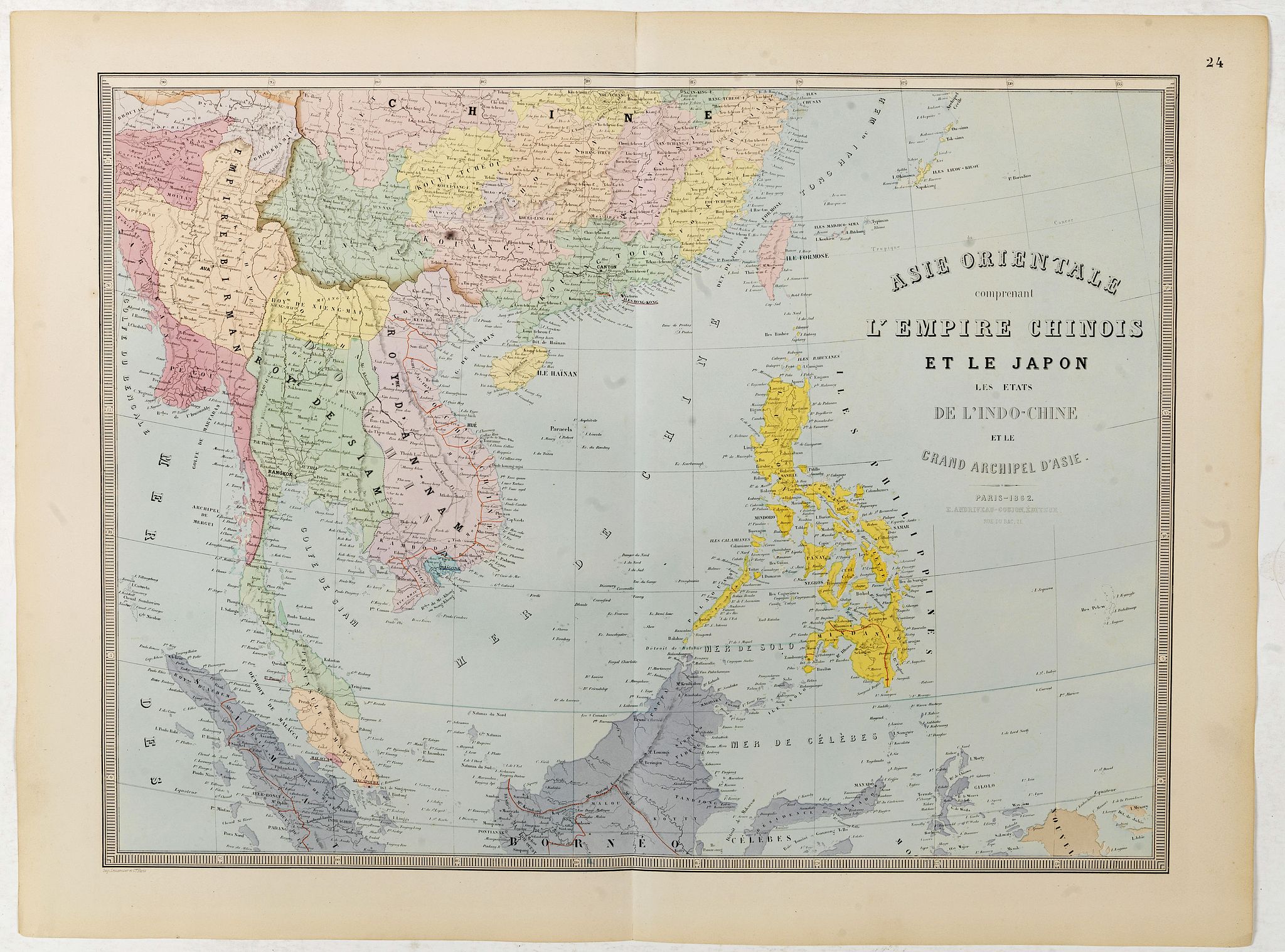 ANDRIVEAU-GOUJON, J., Carte de l'Asie orientale comprenant l'empire chinois le Japon les états de l'Indo-Chine et le grand archipel d'Asie ou Malaisie., antique map, old maps