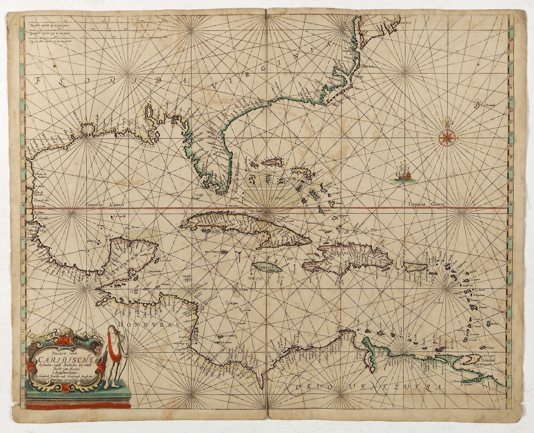 DONCKER, H., Pascaerte vande Caribische Eylanden, vande Barbados tot aende Bocht van Mexico ‘t Amsterdam By Hendrick Doncker. . ., antique map, old maps