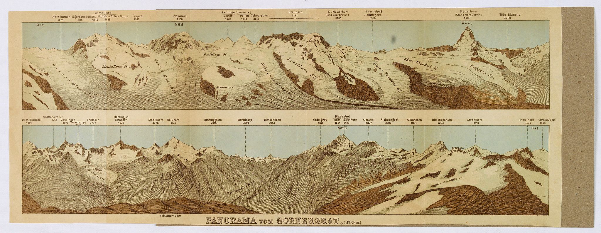 BAEDEKER., Panorama vom Gornergrat., antique map, old maps
