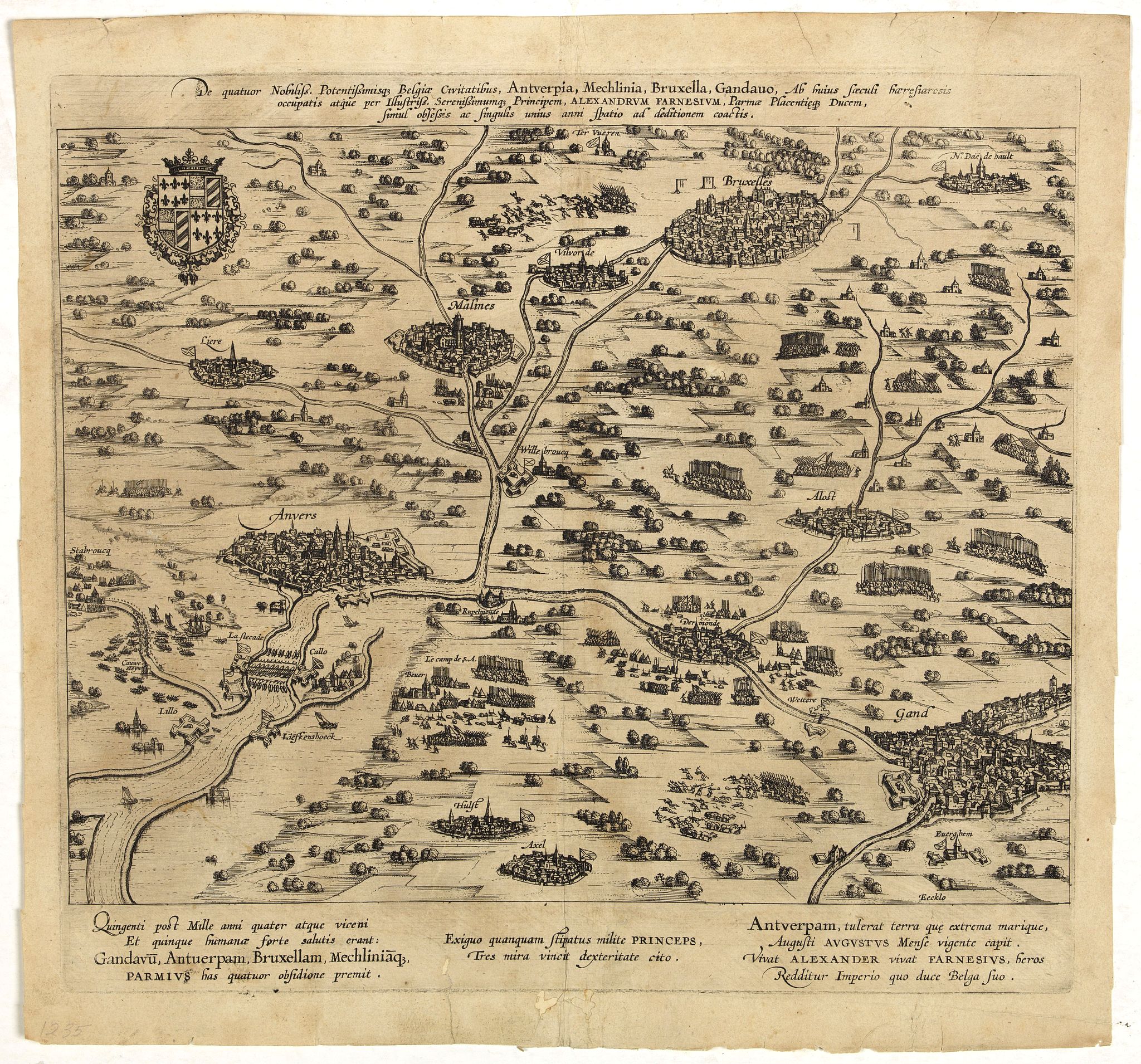 HOGENBERG, F., De quator Nobilis Potentissimisq Belgicae Civitativus Antverpia, Mechlinia, Bruxella, Grandauo . . ., antique map, old maps
