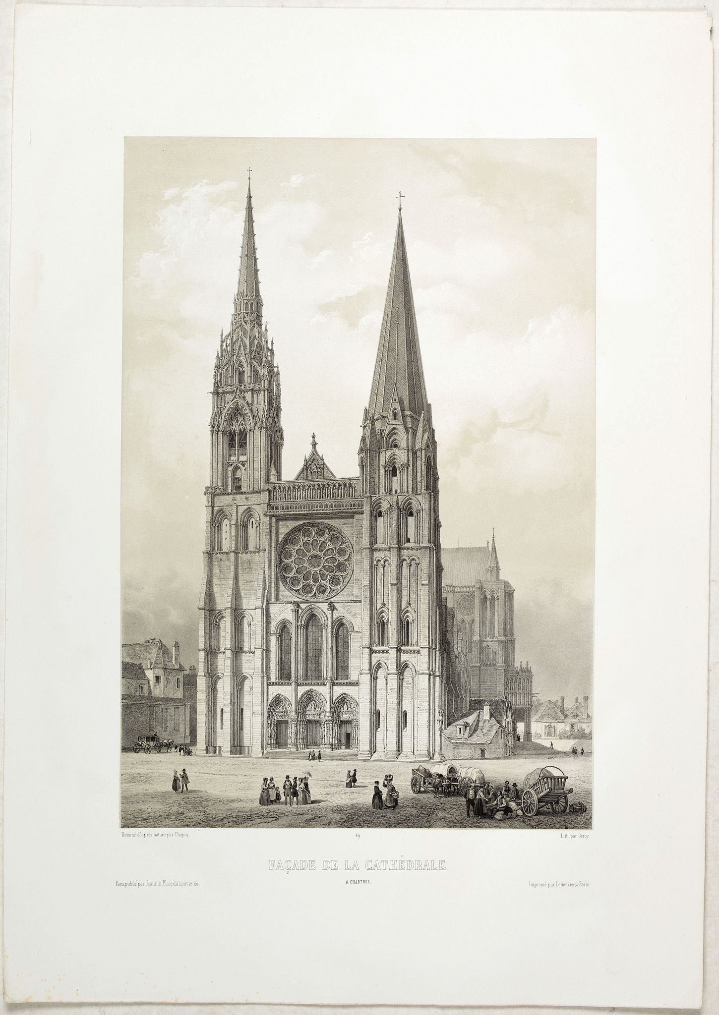 CHAPUY, FACADE DE LA CATHÉDRALE A CHARTRES. Dessiné d'après nature par Chapuy. Lith. par Deroy., antique map, old maps