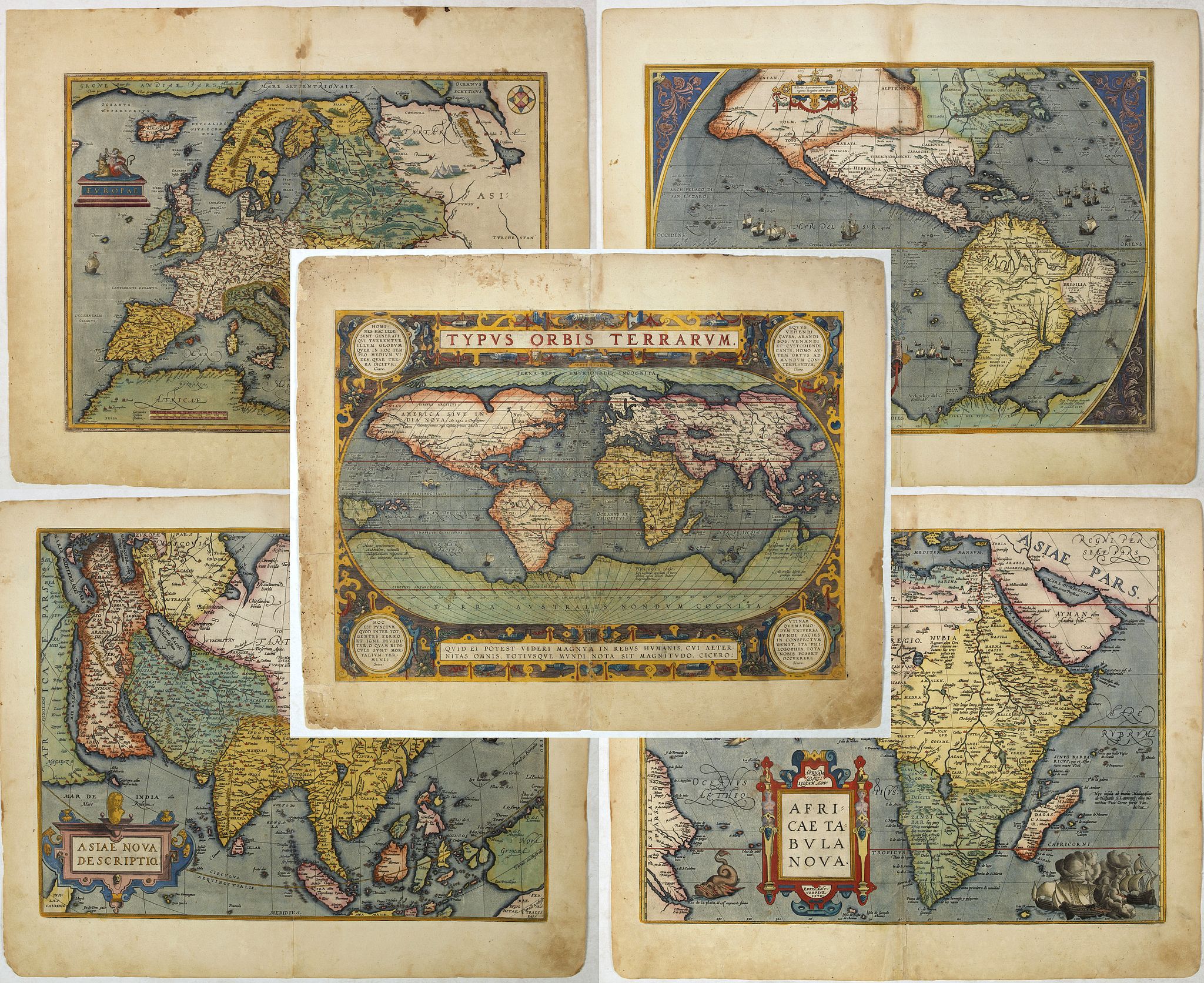ORTELIUS, A., Set of world & four continents in stunning original colours., antique map, old maps