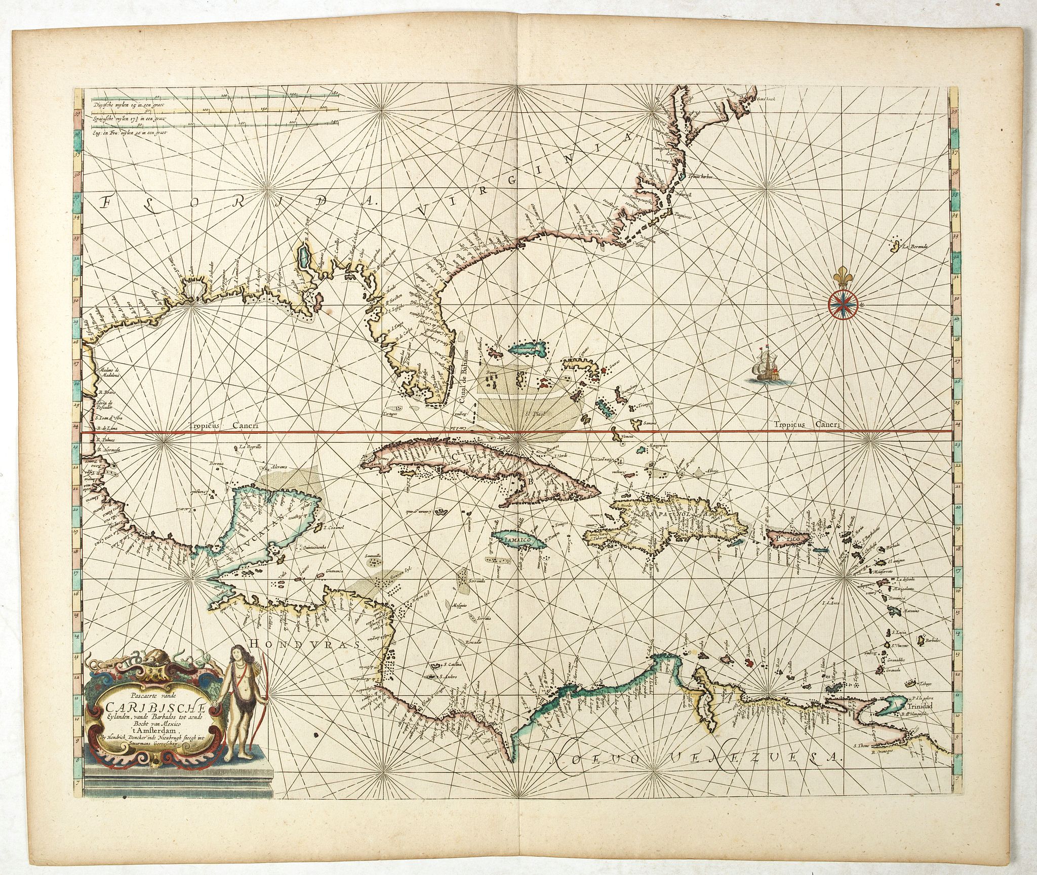 DONCKER, H., Pascaerte vande Caribische Eylanden, vande Barbados tot aende Bocht van Mexico ‘t Amsterdam By Hendrick Doncker. . ., antique map, old maps