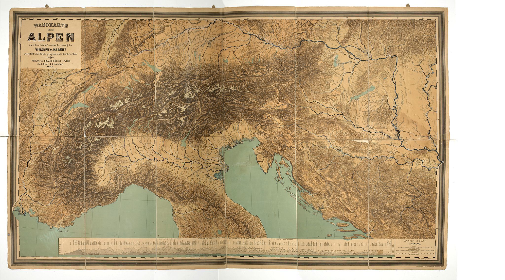 HÖLZEL, E., Wandkarte der Alpen nach dem Entwurfe & unter der Leitung des Vinzenz von Haardt ausgeführt in Ed. Holzel's geographischem Institut in Wien..., antique map, old maps