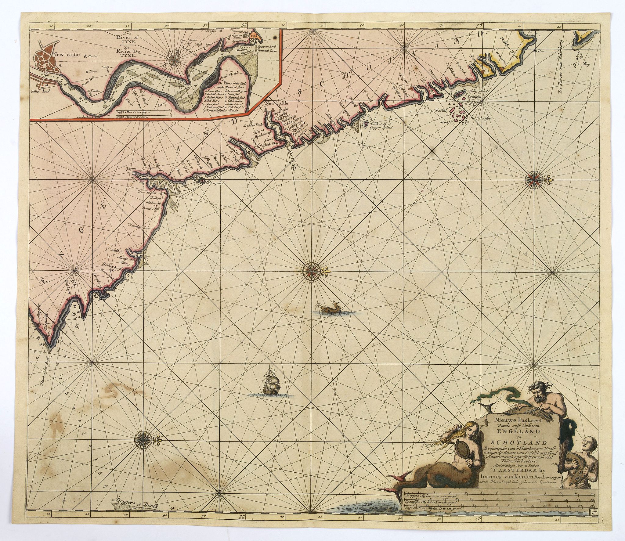 VAN KEULEN, J., Nieuwe Pas-kaert vande Oost Kust van Engeland en Schotland. . ., antique map, old maps