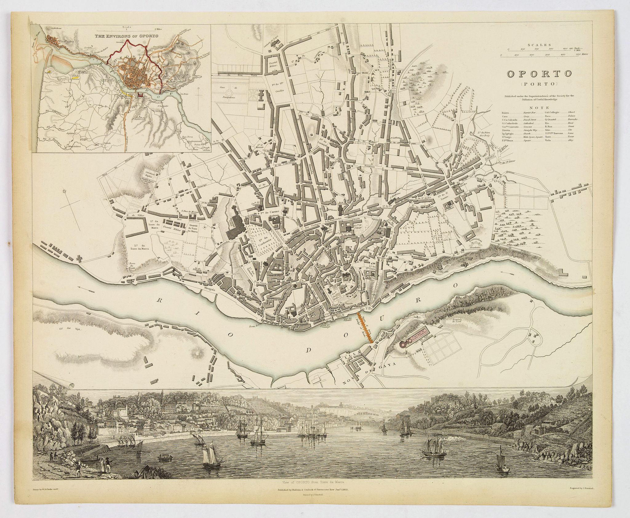 SOCIETY FOR THE DIFUSSION OF USEFUL KNOWLEDGE., Oporto., antique map, old maps