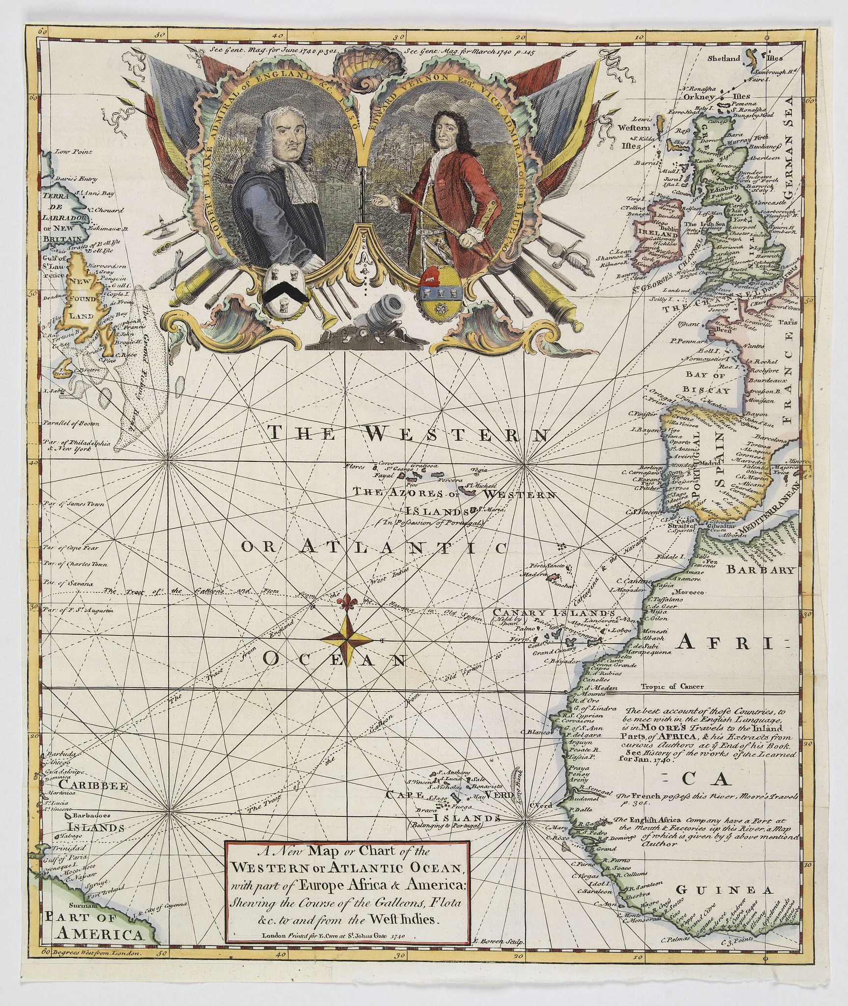 THE GENTLEMAN'S MAGAZINE., A New Map or Chart of The Western or Atlantic Ocean with Part of Europe, Africa & America: Shewing the Course of the Galleons. . ., antique map, old maps