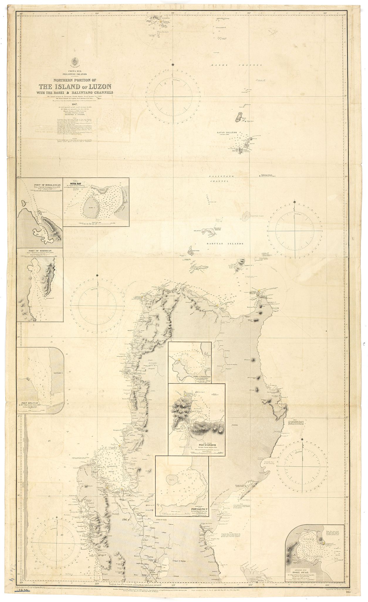 BRITISH ADMIRALTY CHART., Northern Portion of The Island of Luzon with the Bashi & Balintang Channels The Island of Luzon by Lieutenant Claudio Montero Royal Spanish Navy 1859 The Batan Islands by Captain Sir. E. Belcher R.N. 1845., antique map, old maps