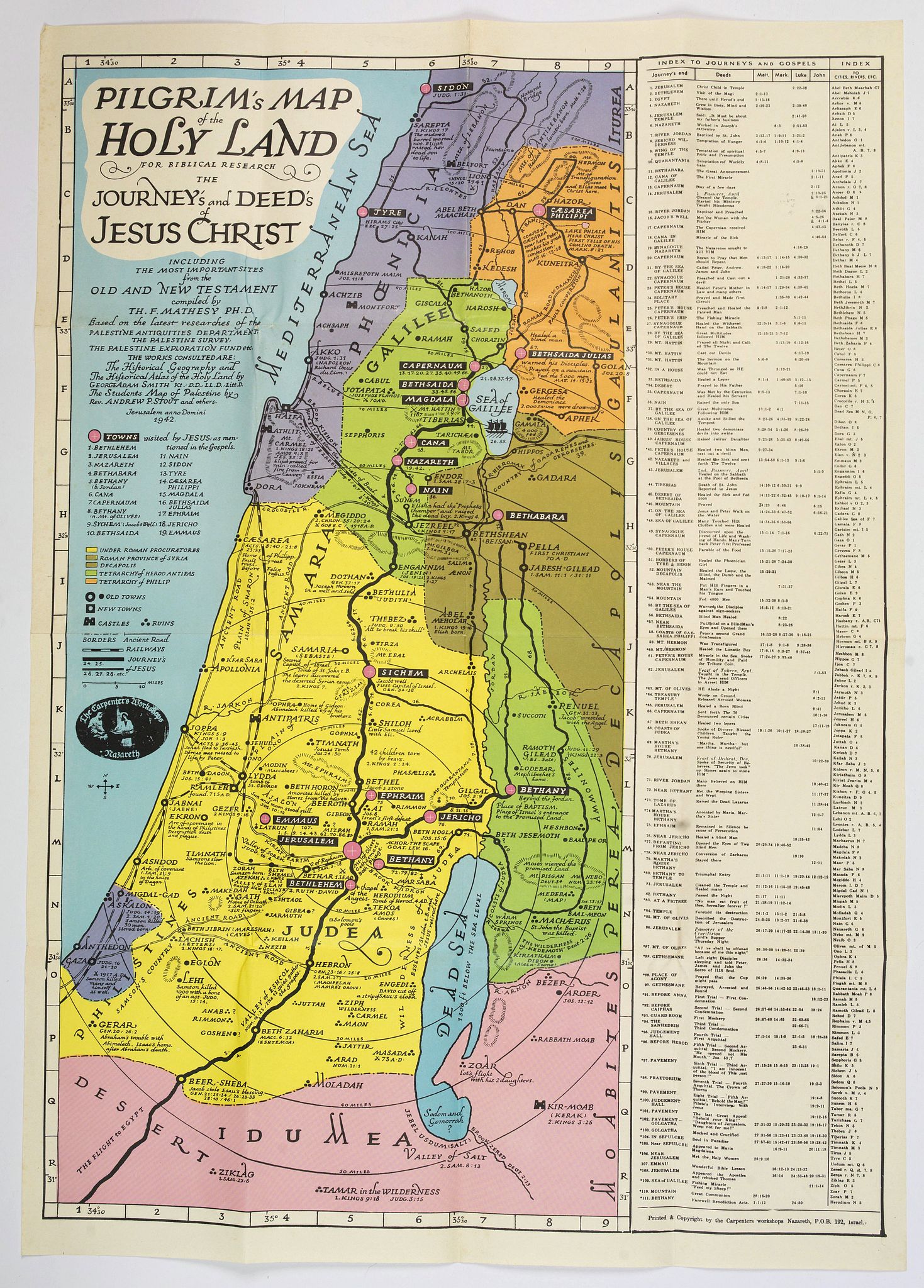 THE CARPENTER'S WORKSHOP., Pilgrim's Map of the Holy Land. . ., antique map, old maps