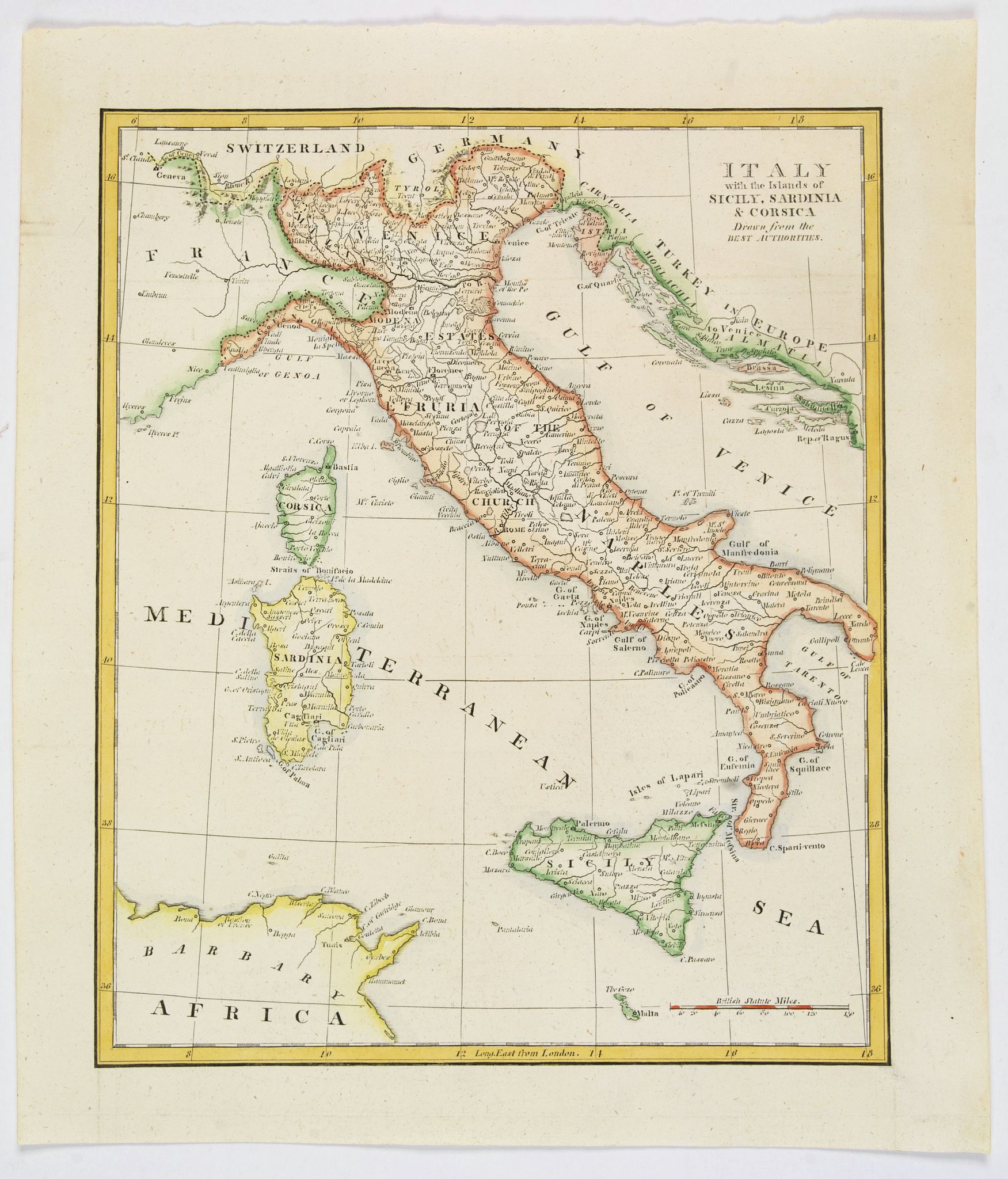 ANONYMOUS., Italy with the Islands of Sicily, Sardinia & Corsica Drawn from the Best Authorities., antique map, old maps