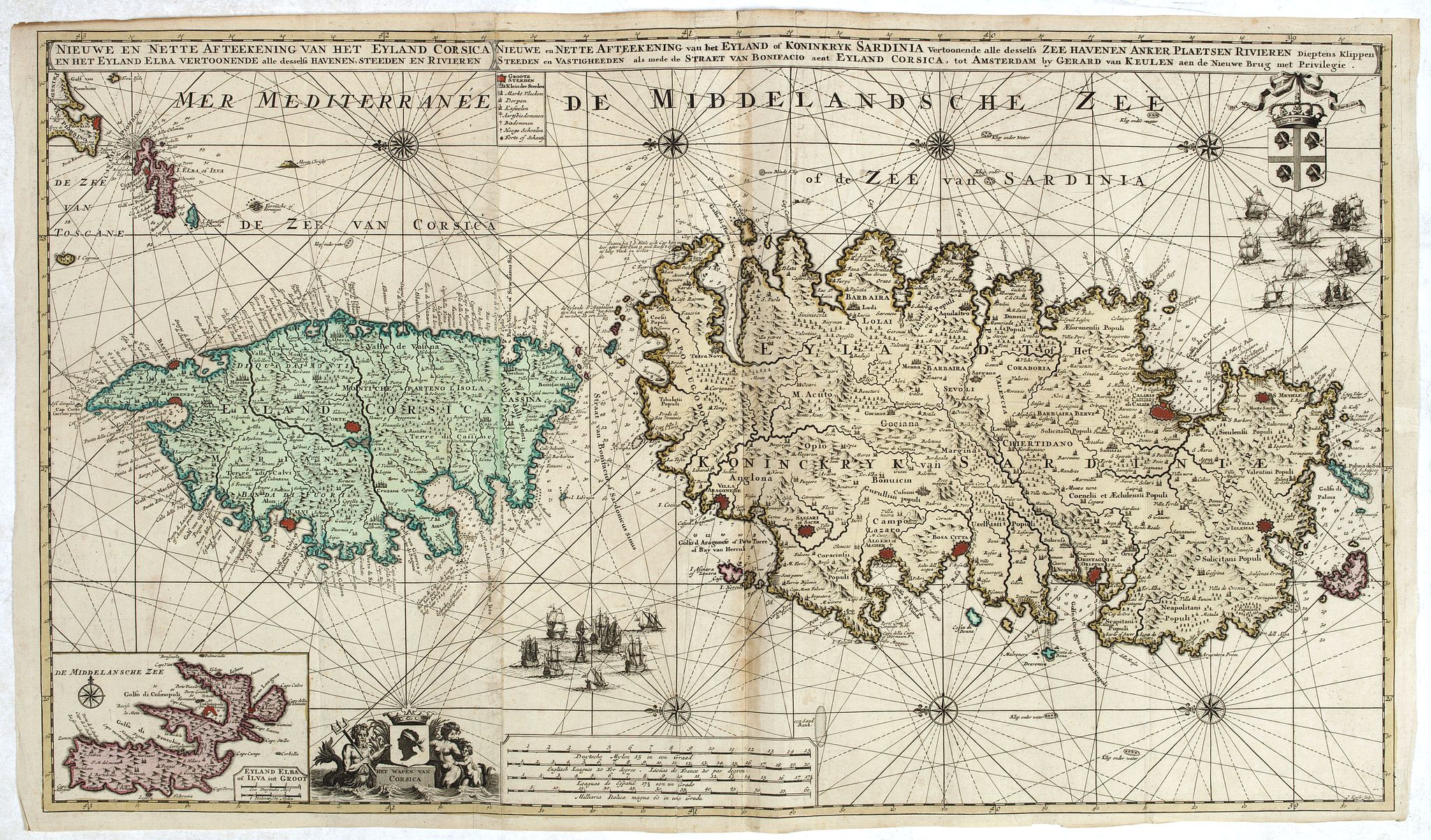 VAN KEULEN, G., Nieuwe en Nette Afteekening van het Eyland Corsica en het Eyland Elba vertoonende alle desselfs Havenen, Steeden en Rivieren . . ., antique map, old maps