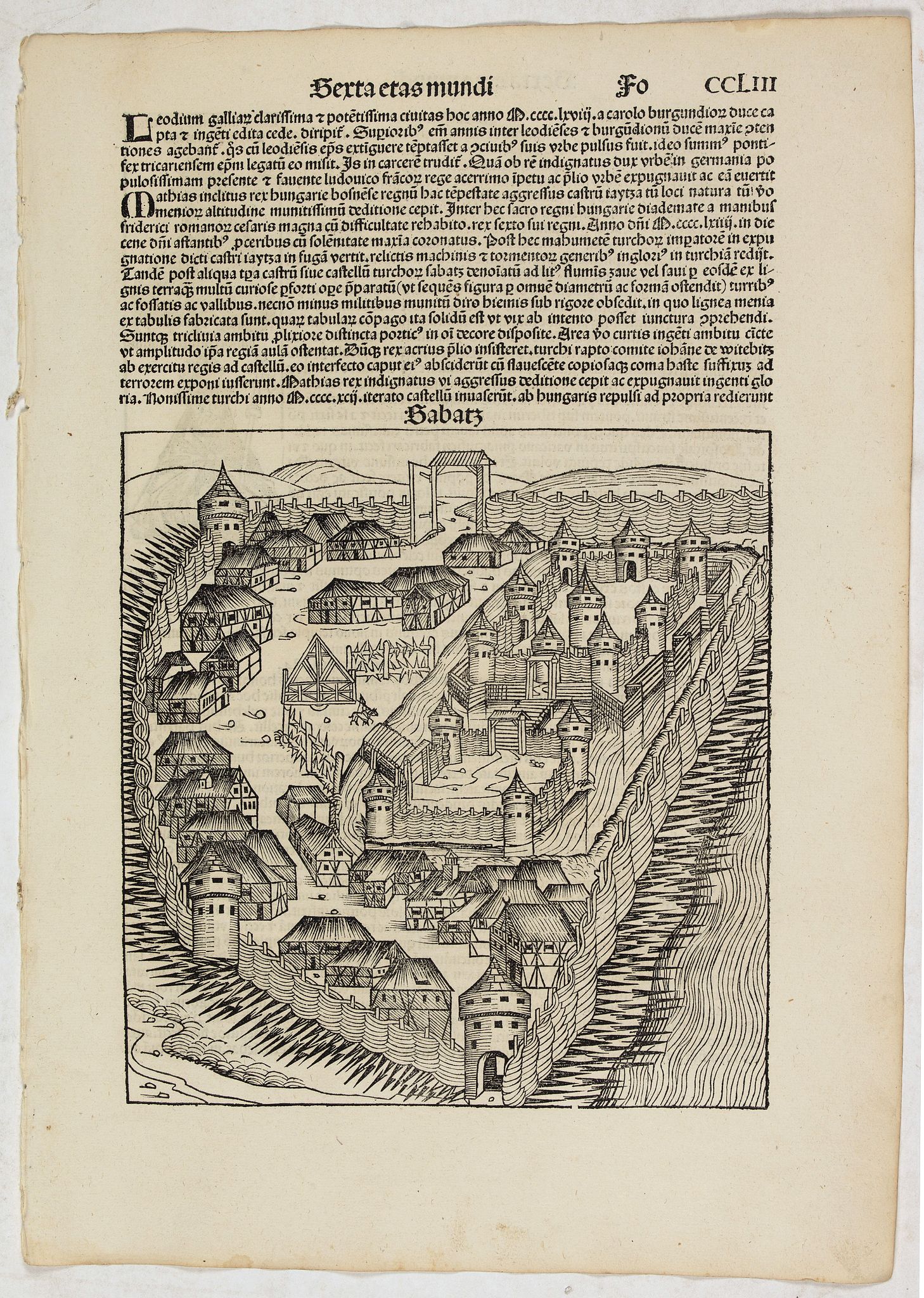 SCHEDEL, H., Sexta Etas Mudi. (With view of Sabatz.) Folio CCLIII, antique map, old maps