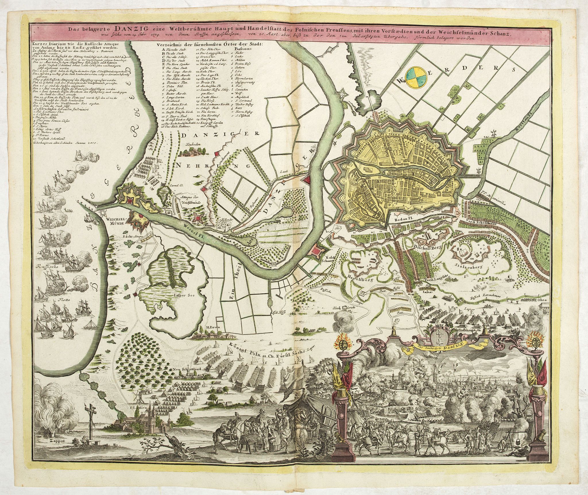 HOMANN, J.B., Das bombadirte Dantzig. Das belagerte Danzig eine Weltberühmte Haupt und Handelstatt des Polnischen Preussens, mit ihren Vorstaedten und der Weichselmünder Schanz,, antique map, old maps