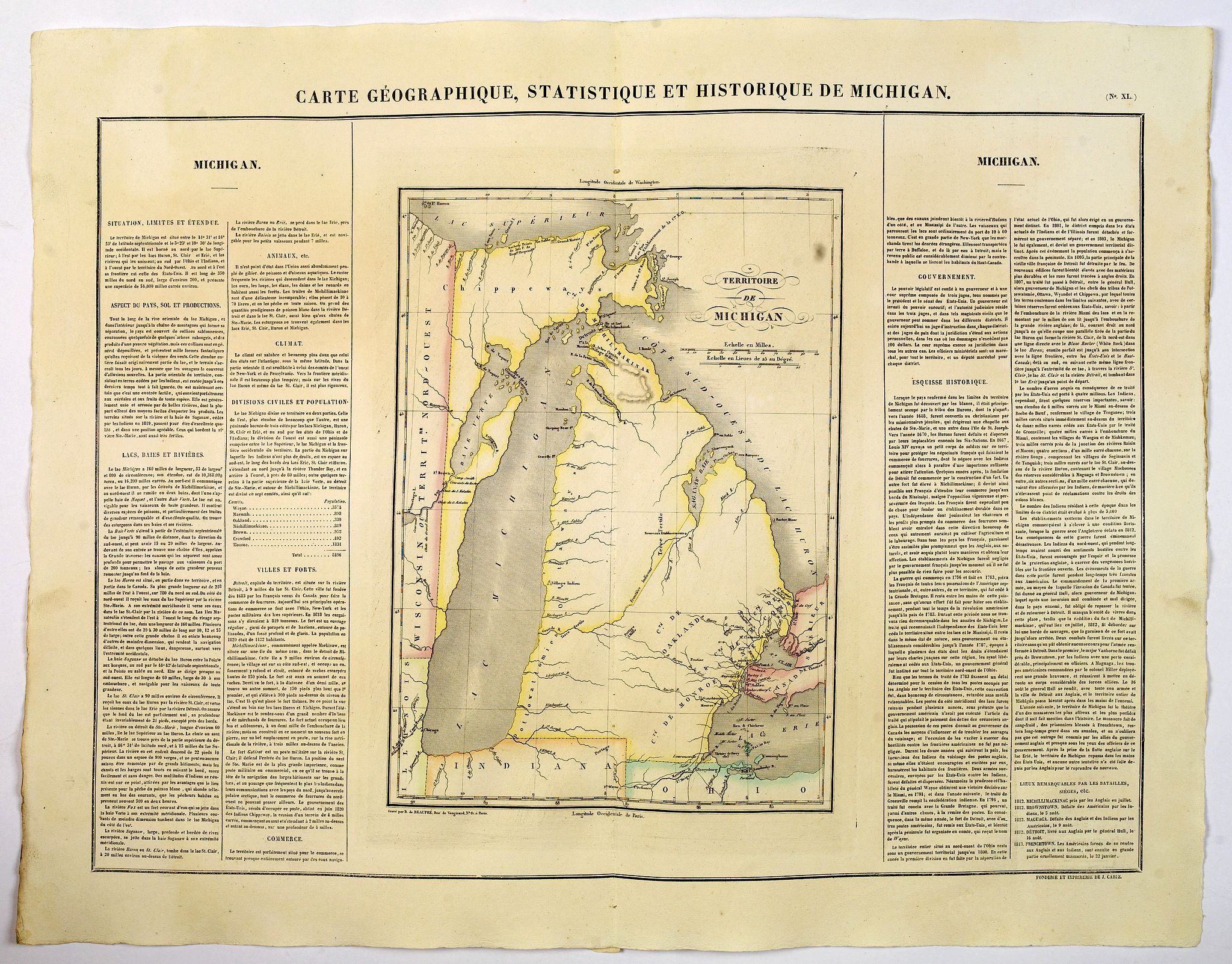 BUCHON, J.A., Carte Geographique, Statistique et Historique de Michigan., antique map, old maps