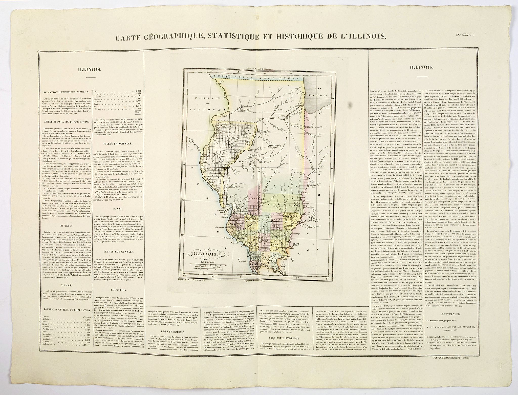 BUCHON, J.A., Carte Geographique, Statistique et Historique de Illinois., antique map, old maps