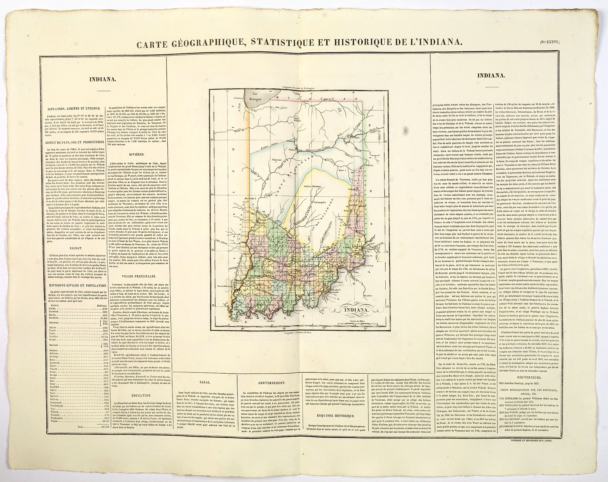 BUCHON, J.A., Carte Geographique, Statistique et Historique de L'Indiana., antique map, old maps