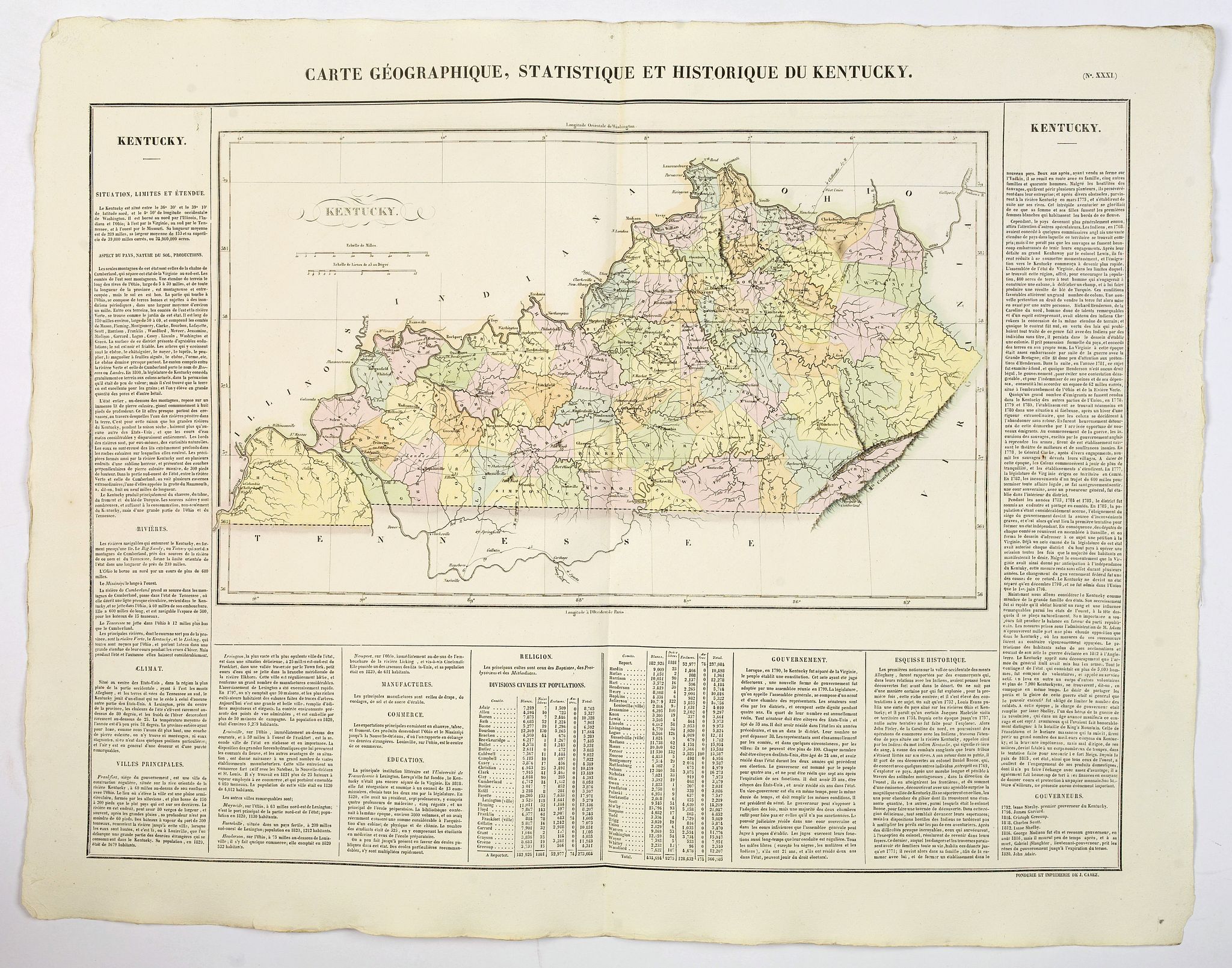 BUCHON, J.A., Carte Geographique, Statistique et Historique du Kentucky., antique map, old maps