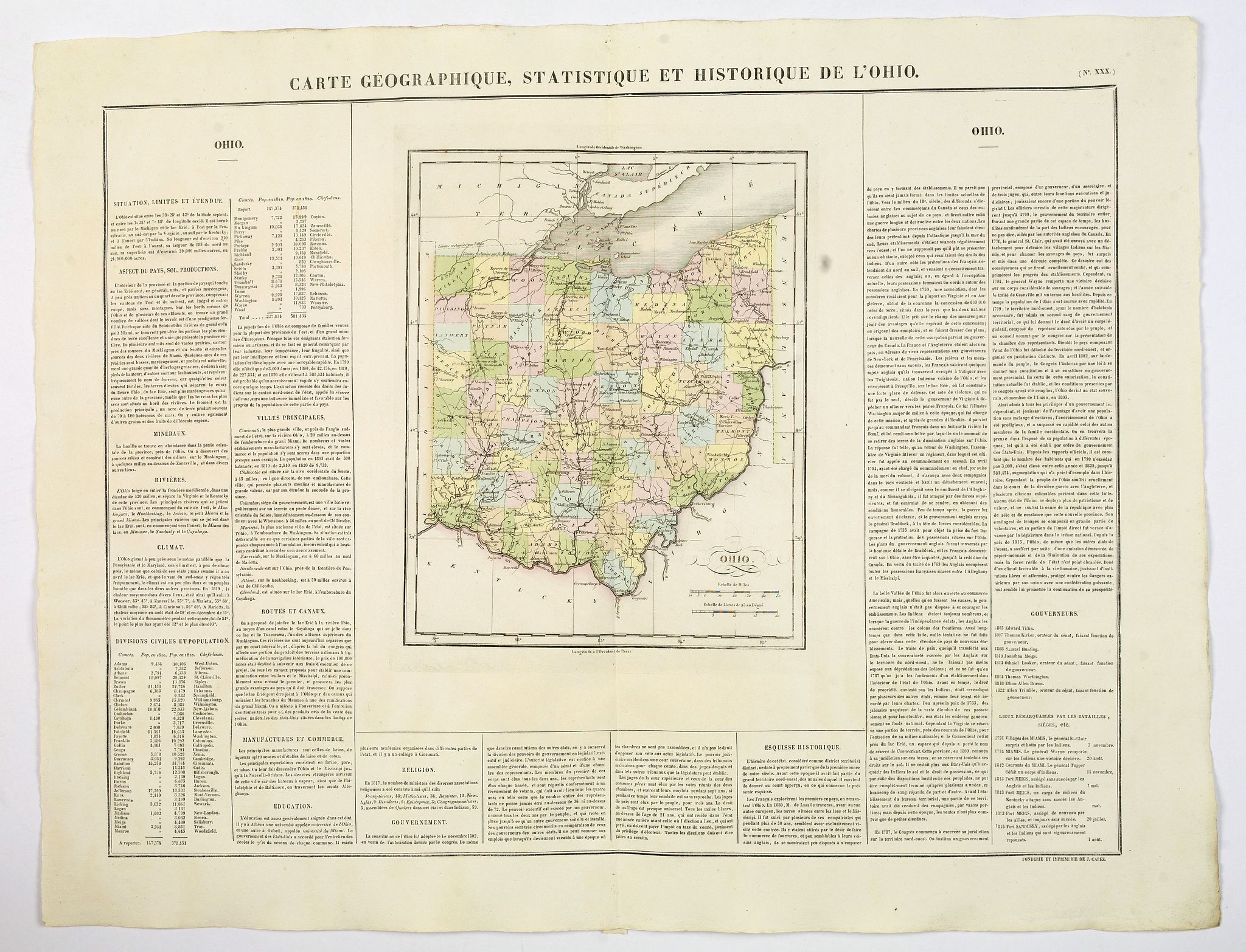 BUCHON, J.A., Carte Geographique, Statistique et Historique de L'Ohio., antique map, old maps