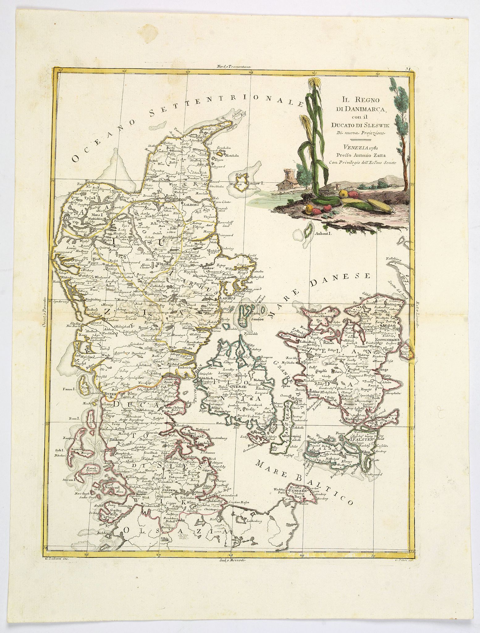 ZATTA, Antonio., Il Regno di Danimarca con il Ducato di Sleswik. . ., antique map, old maps