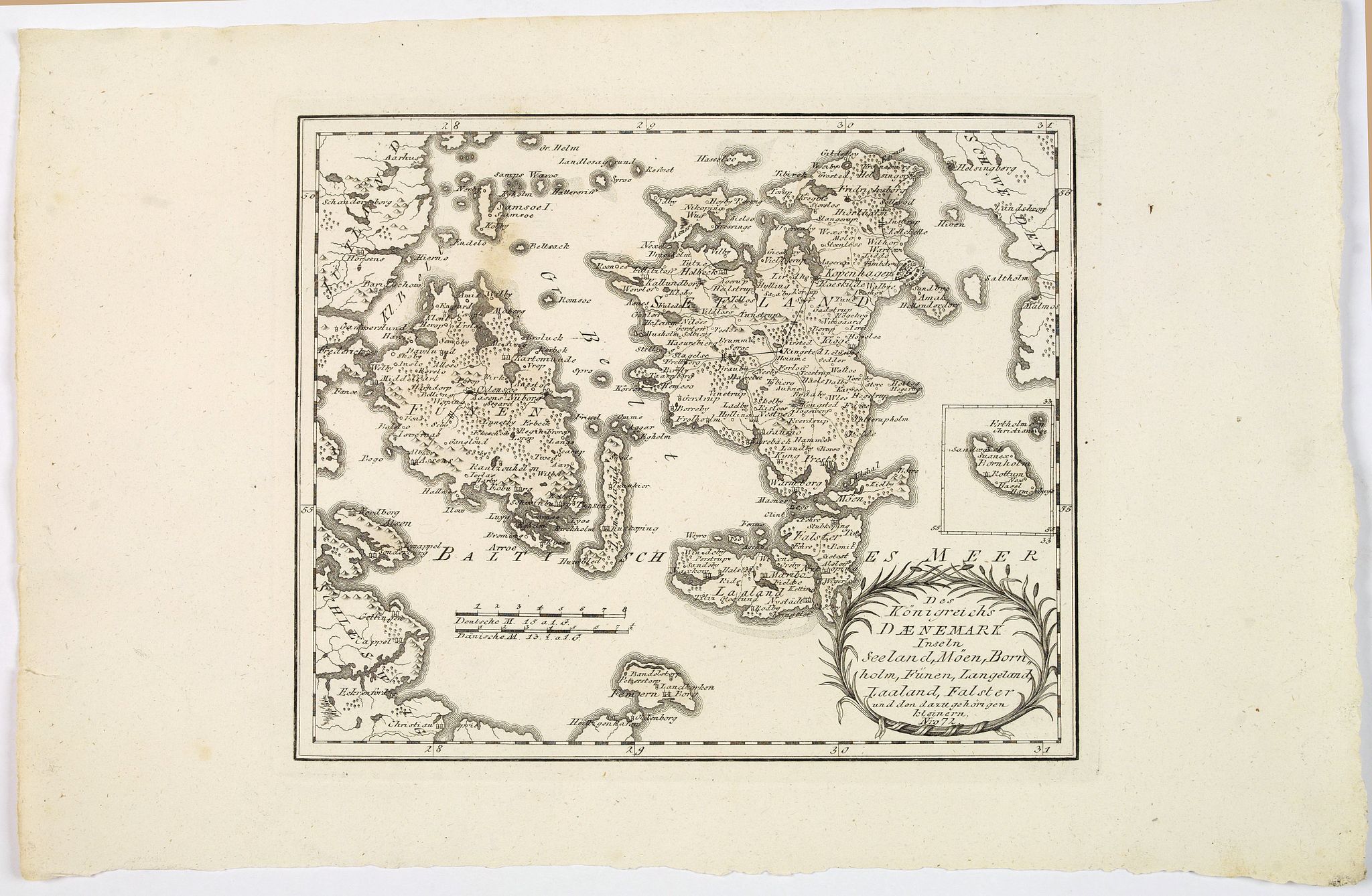 VON REILLY, J., Des Konigreichs Daenemark Inseln Seeland, Moen, Bornholm, Funen, Langeland, Laaland, Falster., antique map, old maps