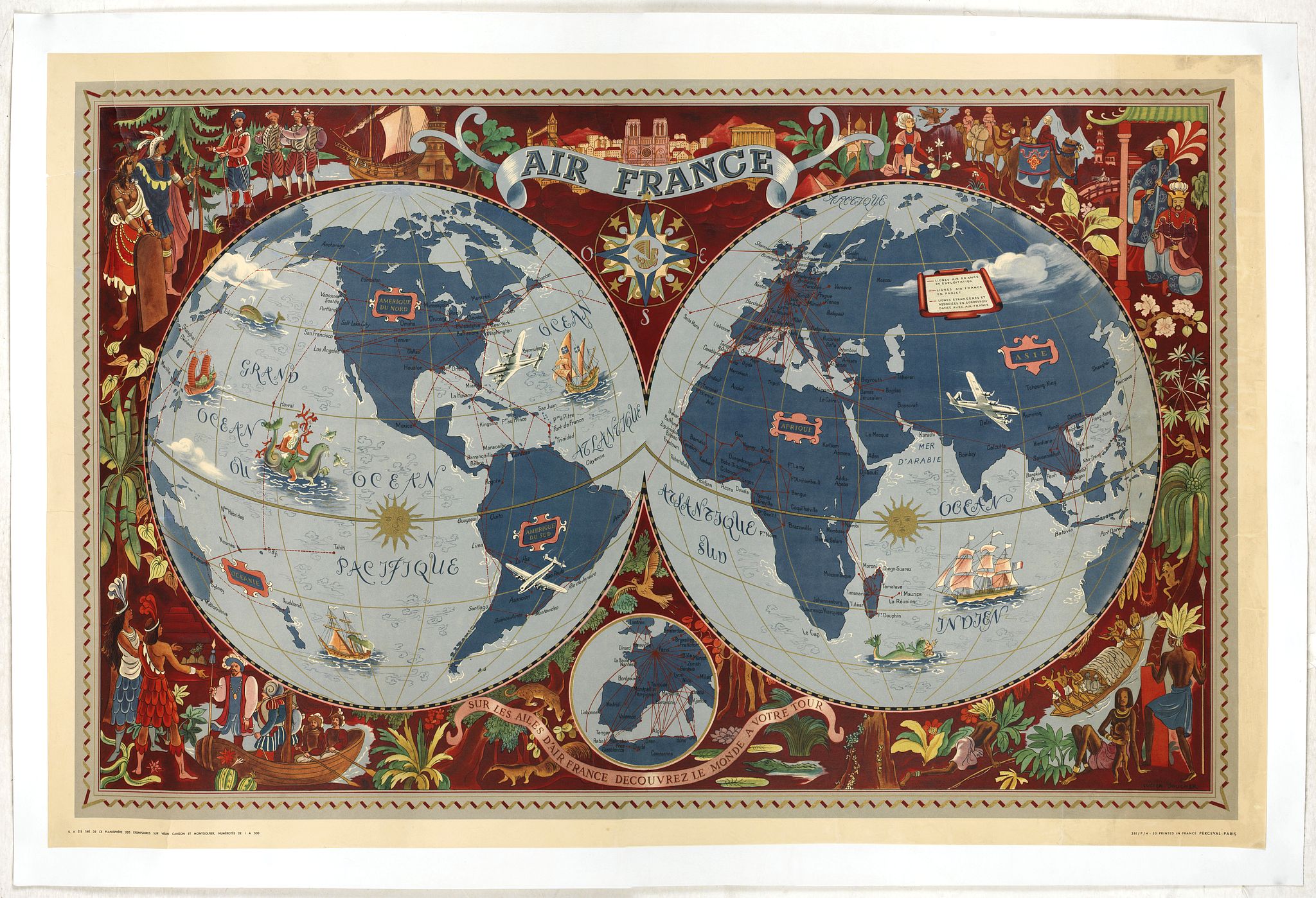 BOUCHER, L., AIR France - Sur les ailes d'Air France découvrez le monde à votre tour., antique map, old maps