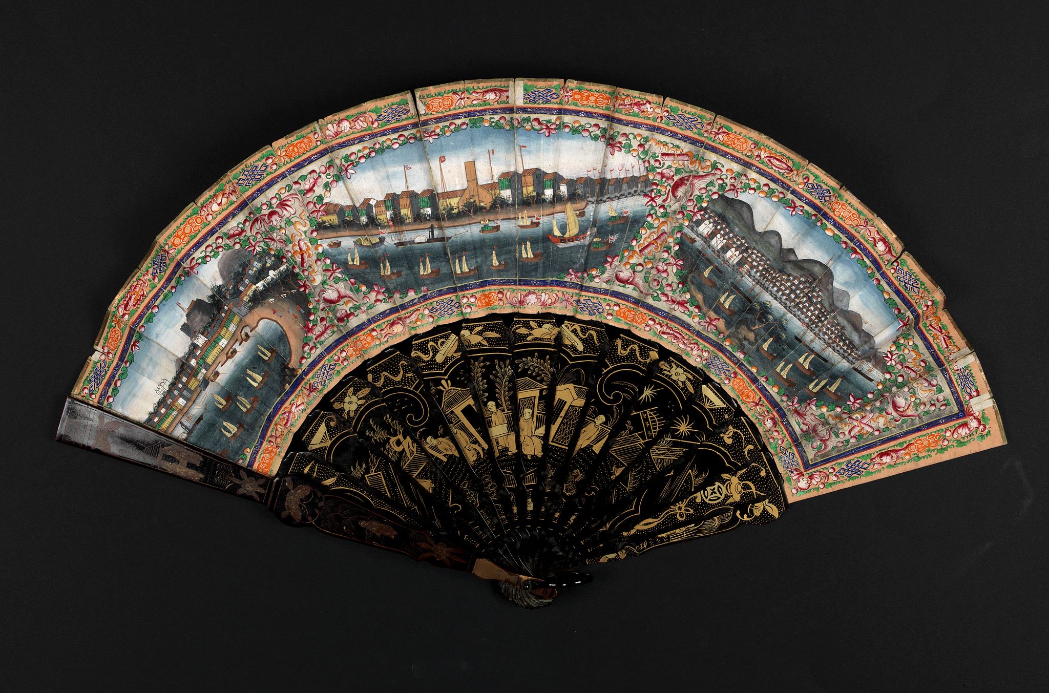 ANONYMOUS, A fan combining views of Hong Kong (right), Canton (center), and Macau., antique map, old maps