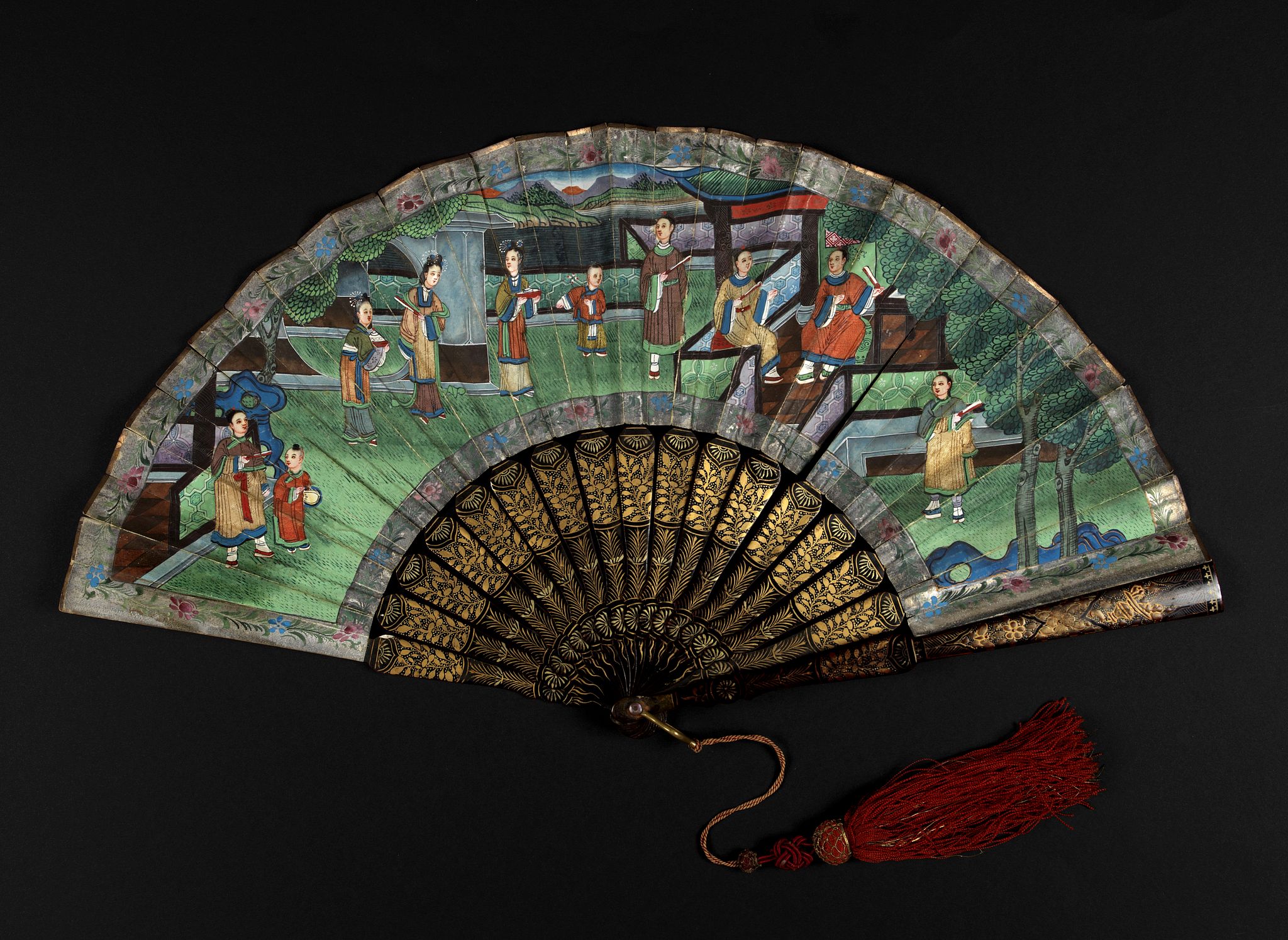 ANONYMOUS, A Chinese Mandarin fan of a Palace garden scene., antique map, old maps