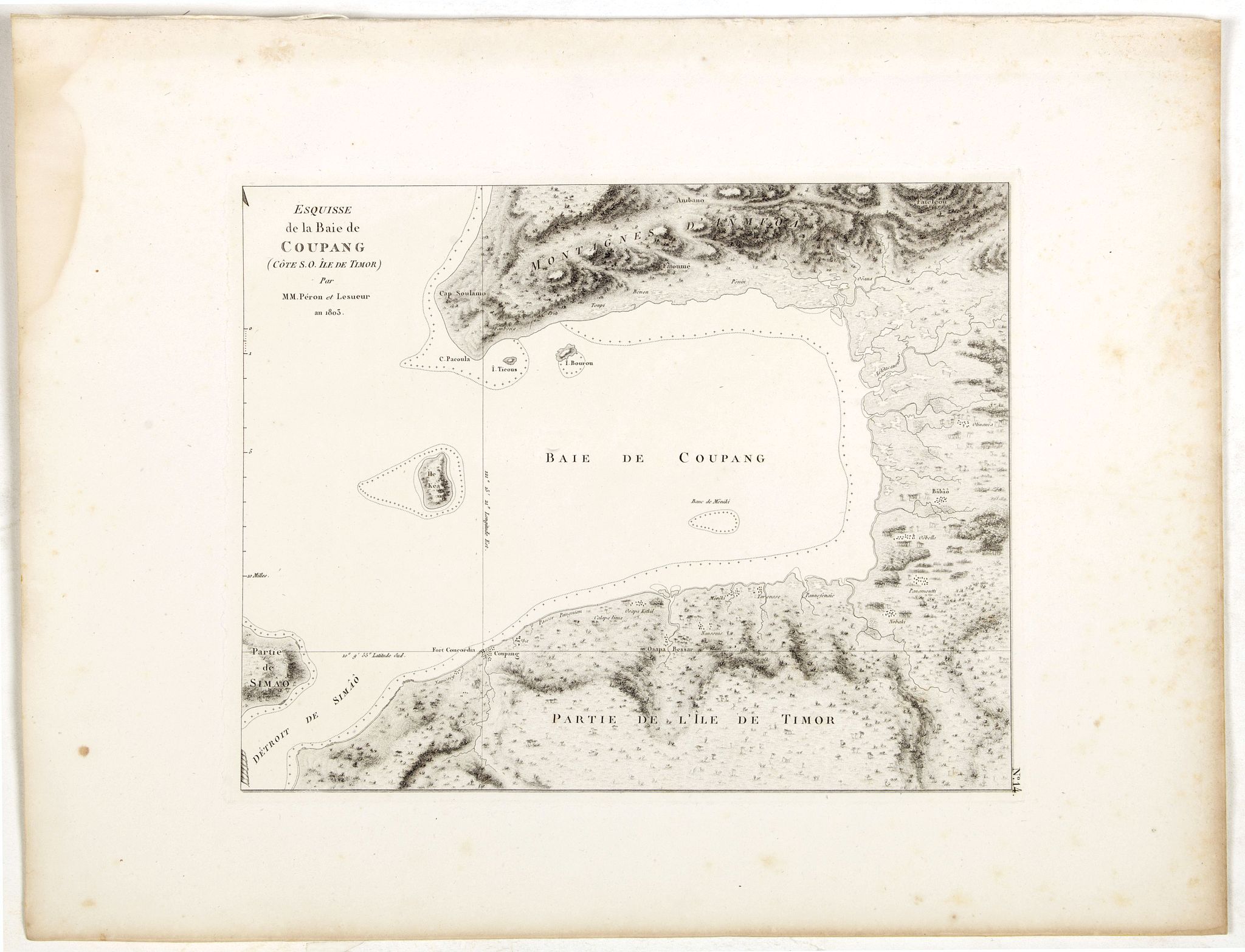 FREYCINET, M.L., Esquisse de la Baie de Coupang (cote S.O. Ile de Timor) par M. M. Peron et Lesueur, an 1803., antique map, old maps