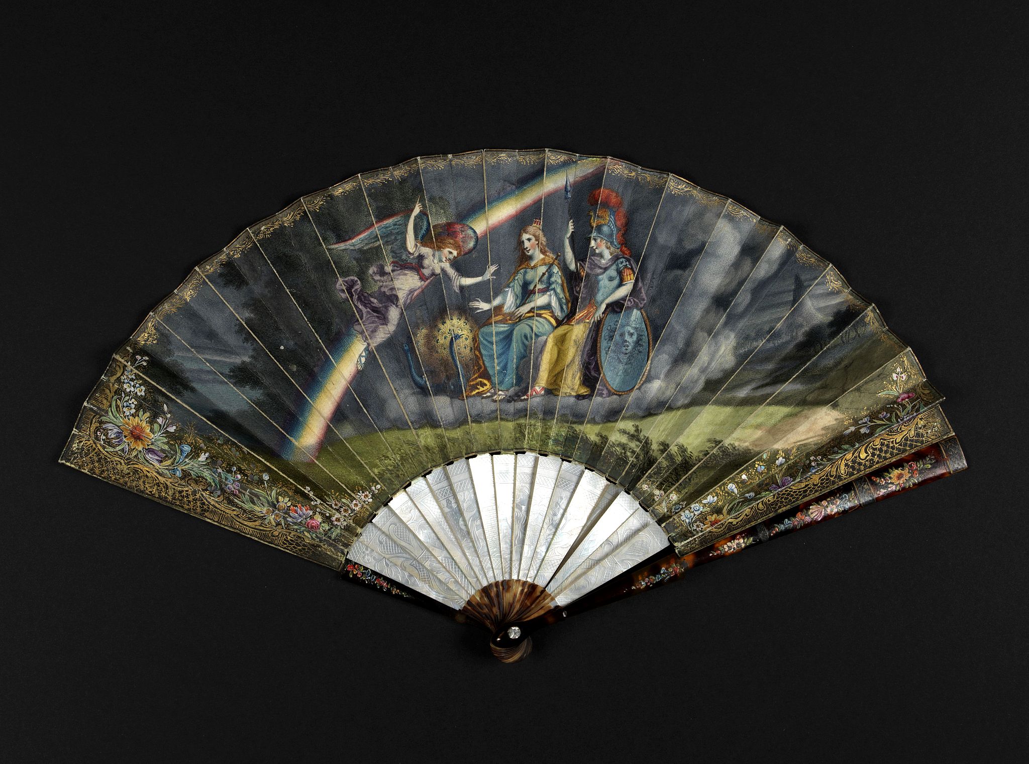 ANONYMOUS, Very fine folding fan with painting of Minerva, Juno and 2 peacocks., antique map, old maps