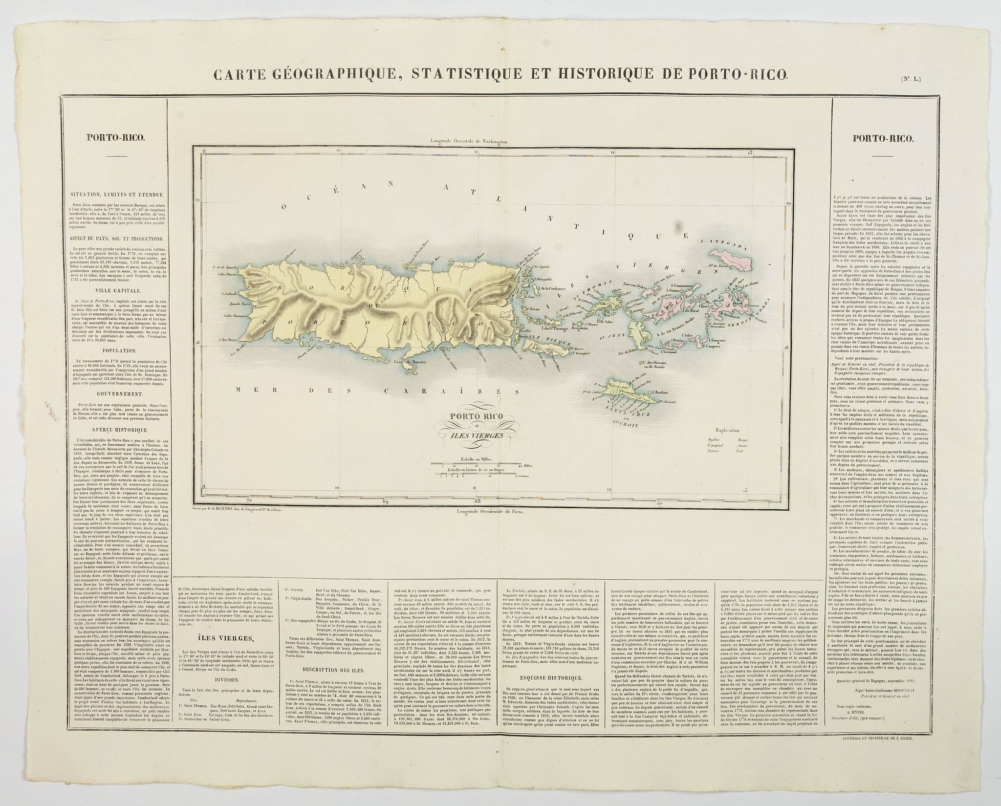 BUCHON, J.A., Carte Geographique, Statistique et Historique de Porto-Rico., antique map, old maps