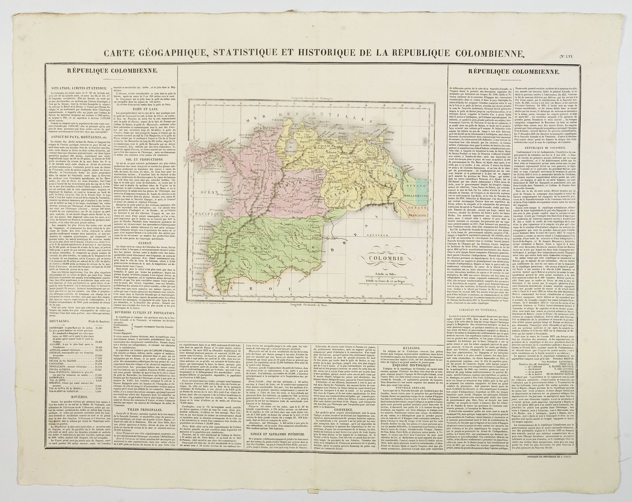 BUCHON, J.A., Carte Geographique, Statistique et Historique de la Republique Colombienne., antique map, old maps