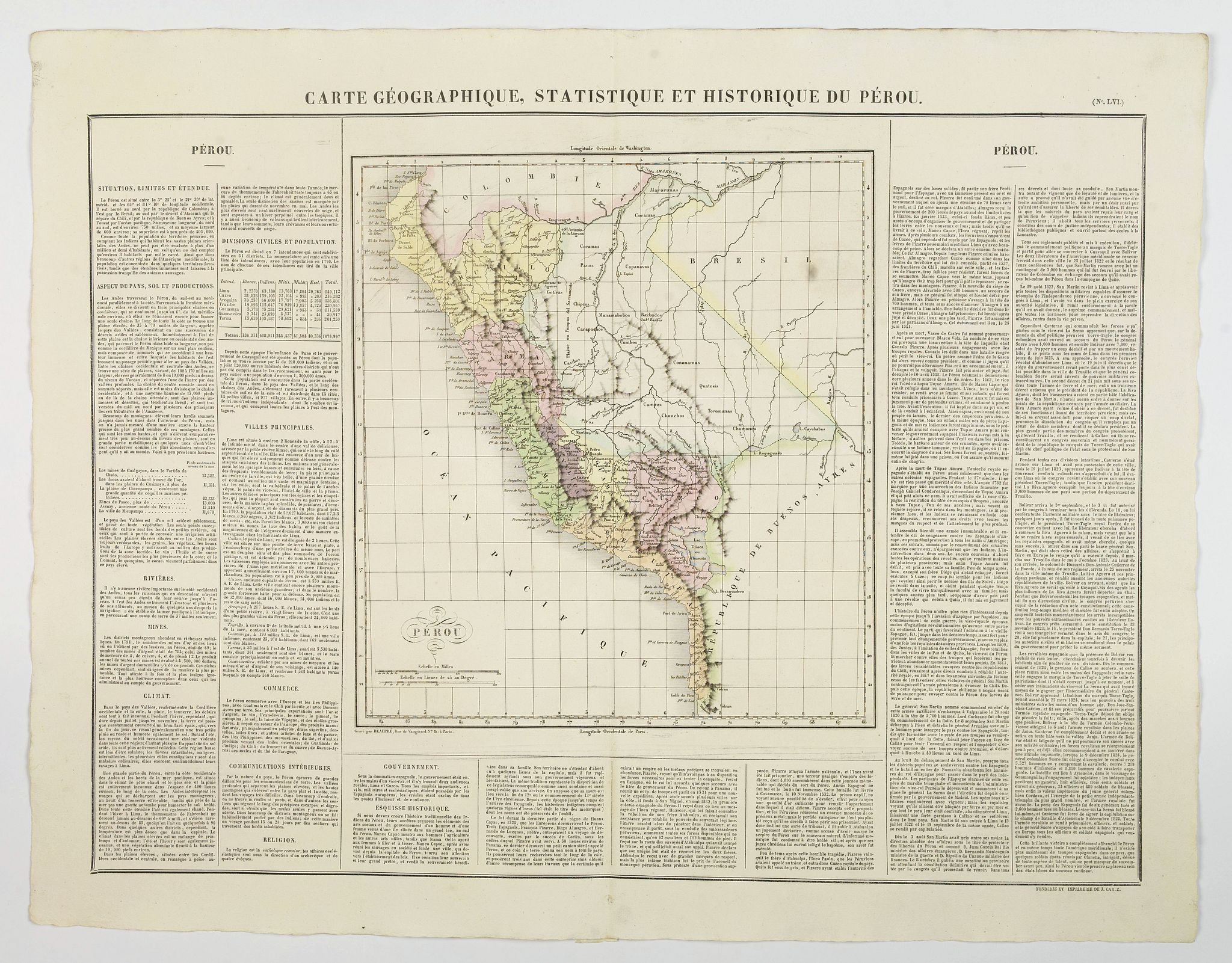 BUCHON, J.A., Carte Geographique, Statistique et Historique du Perou., antique map, old maps