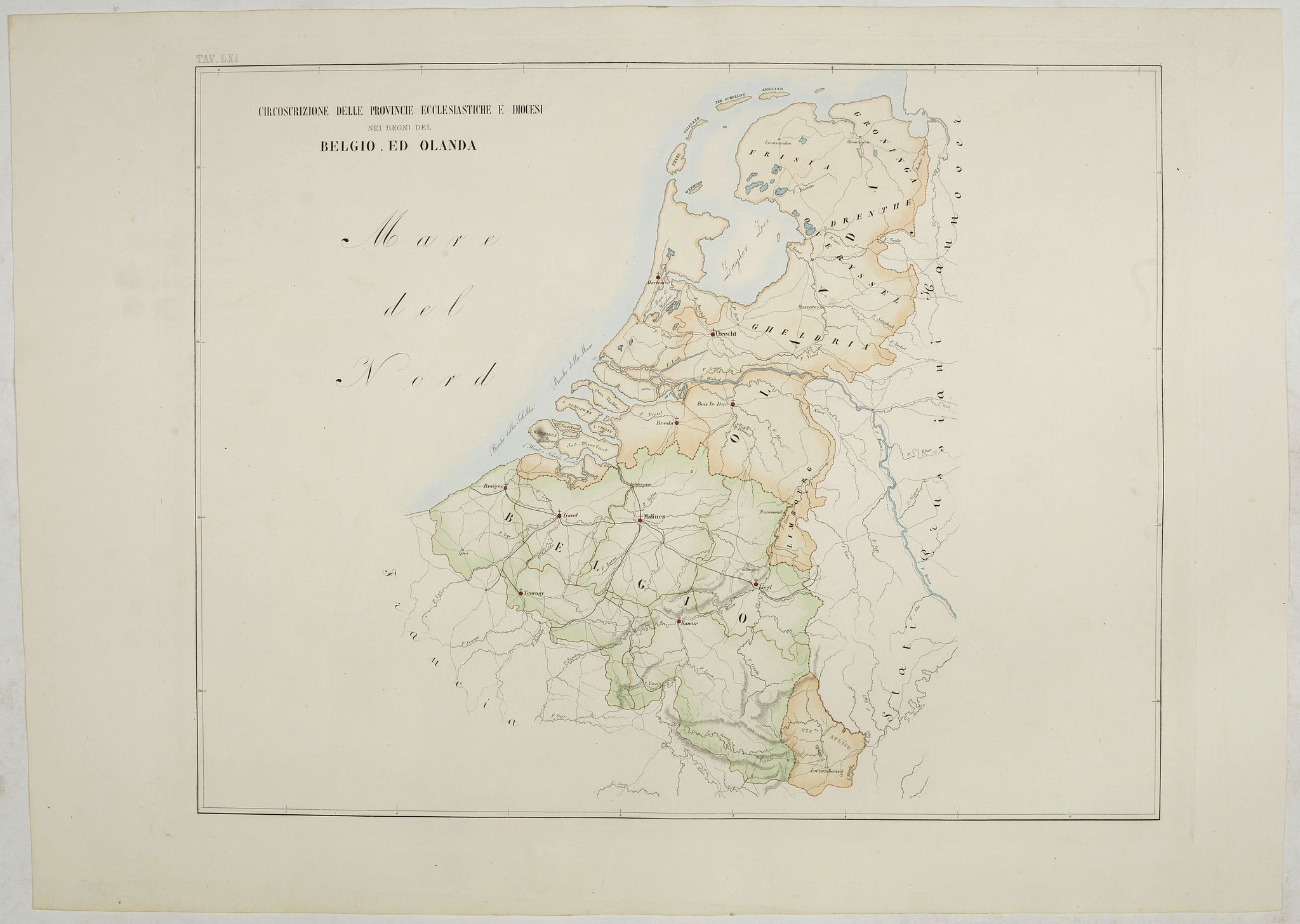 PETRI Girolamo, Circoscrizione delle Provincie ecclesiastiche e Diocesi nei regni del Belgio, ed Olanda (Tav LXI), antique map, old maps