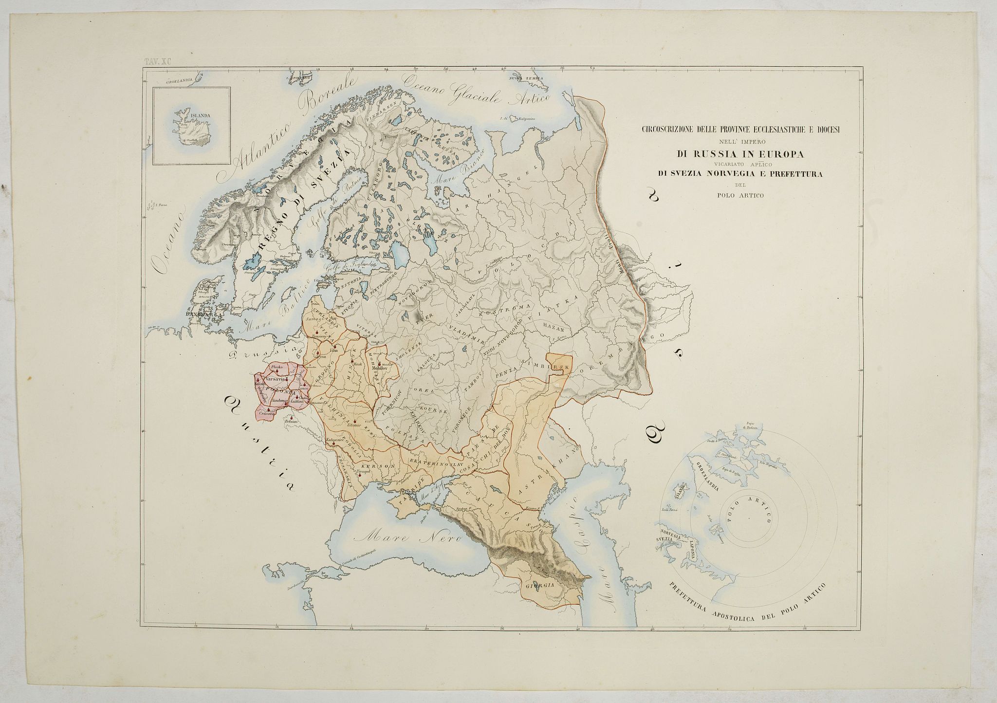 PETRI Girolamo, Circoscrizione delle Province ecclesiastiche e Diocesi nelle Impero di Russia in Europa vicariato aplico di Svezia Norvegia e prefettura del Polo Artico (Tav XC), antique map, old maps