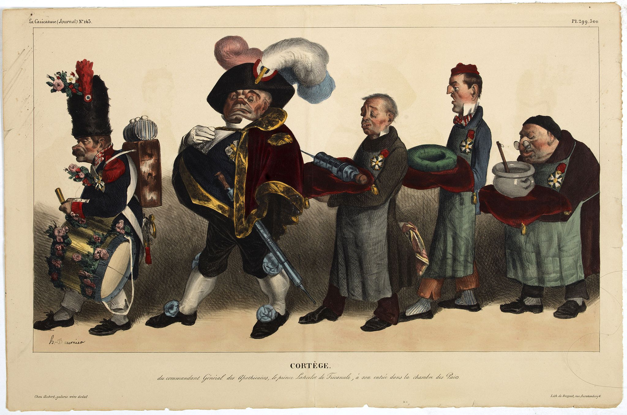 DAUMIER, H., Cortège du Commandant Général des Apothicaires, le prince Lancelot de Tricanule, à son entrée dans la Chambre de Pairs., antique map, old maps