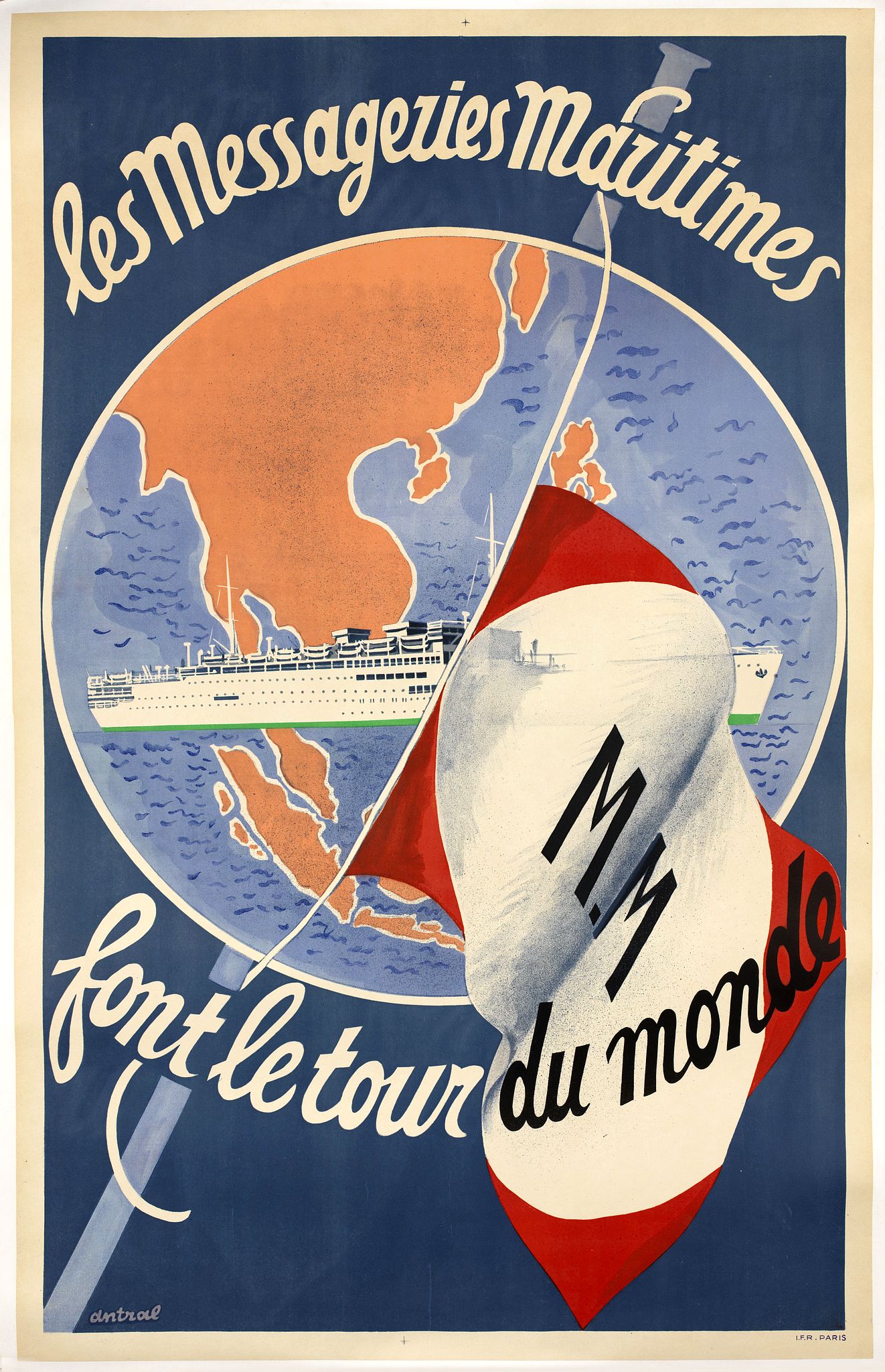 IMP FRANCAISES REUNIES, Les Messageries Maritimes font le tour du monde., antique map, old maps